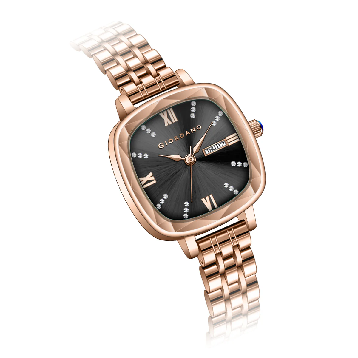 Giordano Elegant Square Watch for Women – Crystal & Roman Hour Markers, Day-Date Display, Stainless Steel Strap | GZ-60097-66 - Image 8