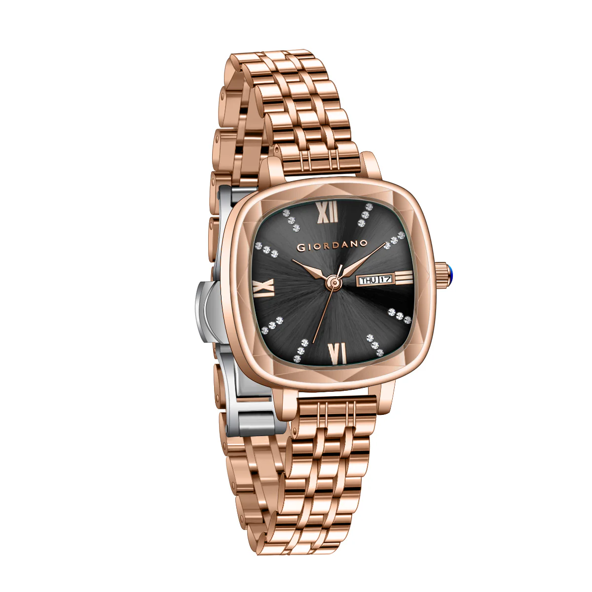 Giordano Elegant Square Watch for Women – Crystal & Roman Hour Markers, Day-Date Display, Stainless Steel Strap | GZ-60097-66 - Image 9
