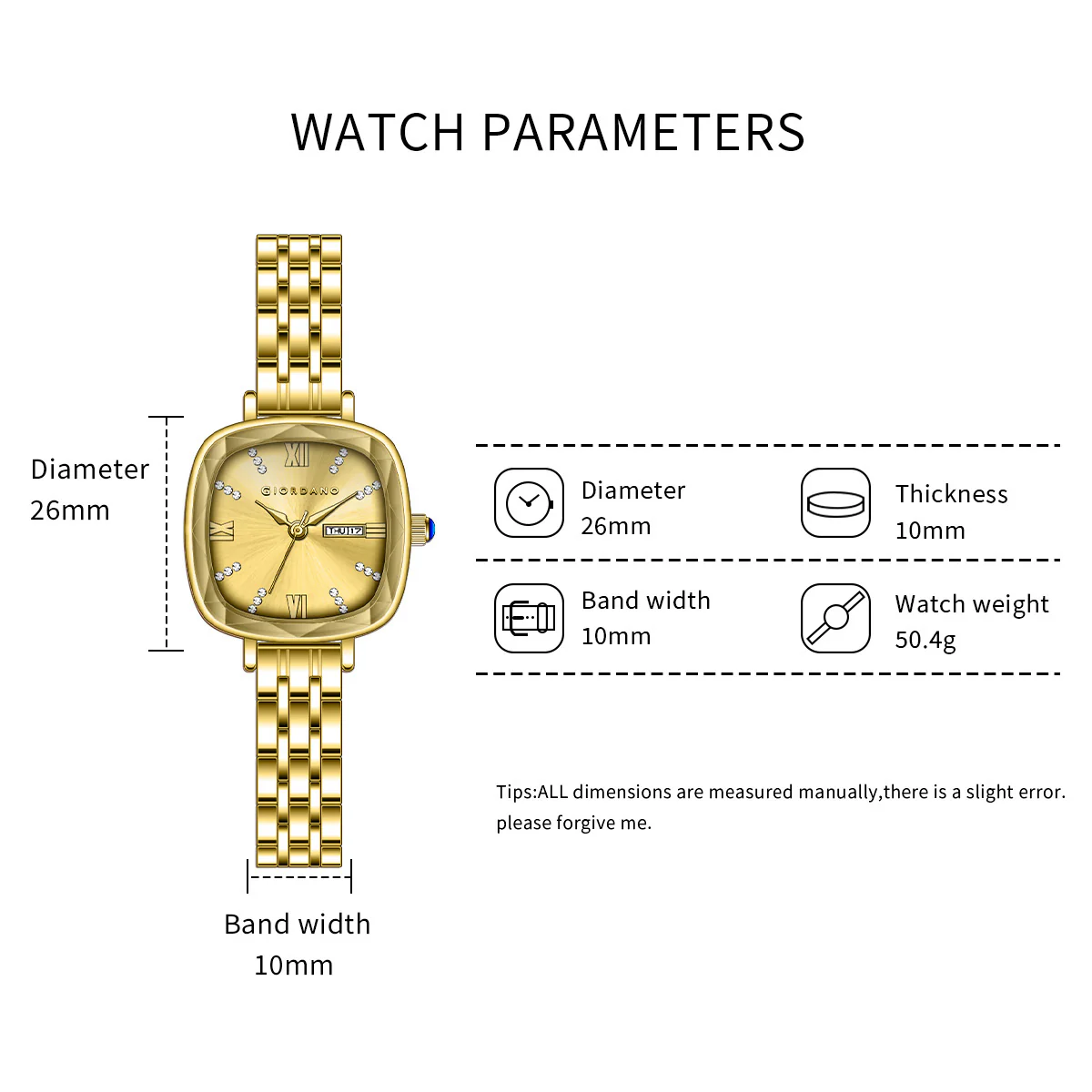 Giordano Elegant Square Watch for Women – Crystal & Roman Hour Markers, Day-Date Display, Stainless Steel Strap | GZ-60097-77 - Image 5