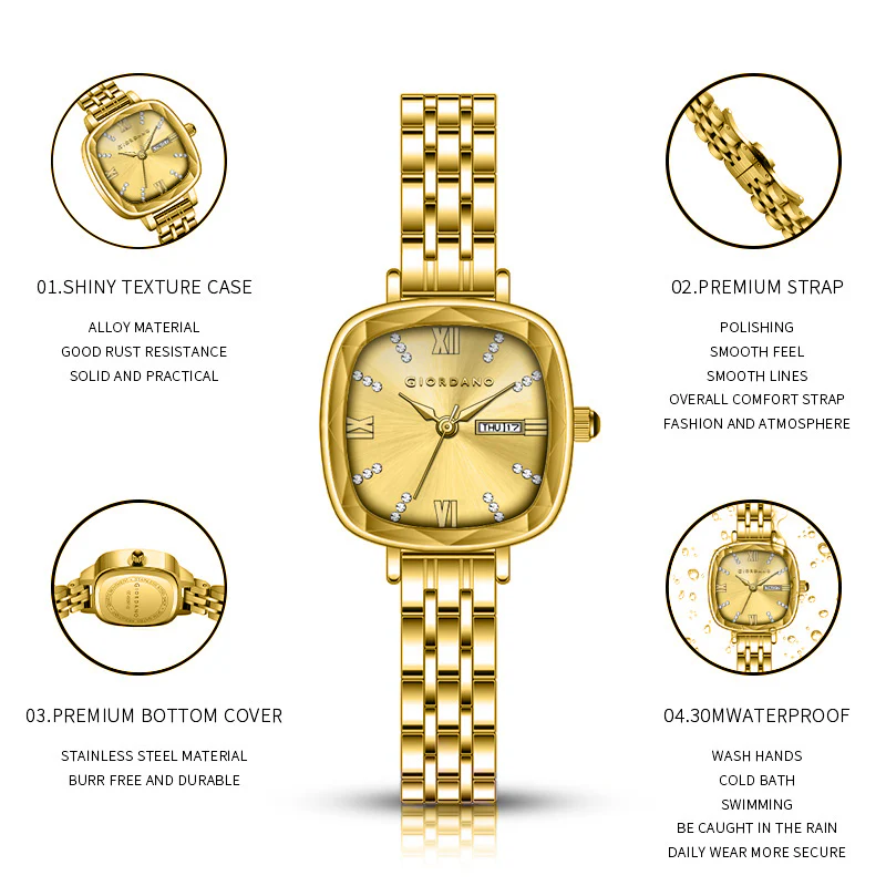 Giordano Elegant Square Watch for Women – Crystal & Roman Hour Markers, Day-Date Display, Stainless Steel Strap | GZ-60097-77 - Image 6