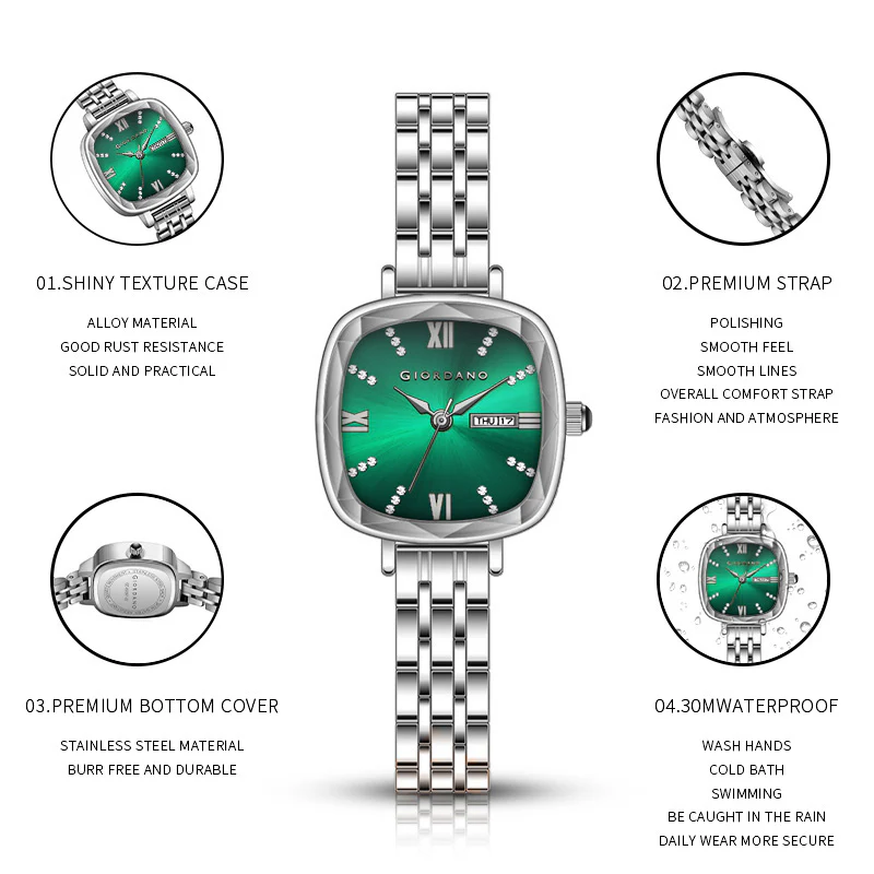 Giordano Elegant Square Watch for Women – Crystal & Roman Hour Markers, Day-Date Display, Stainless Steel Strap | GZ-60097-99 - Image 5