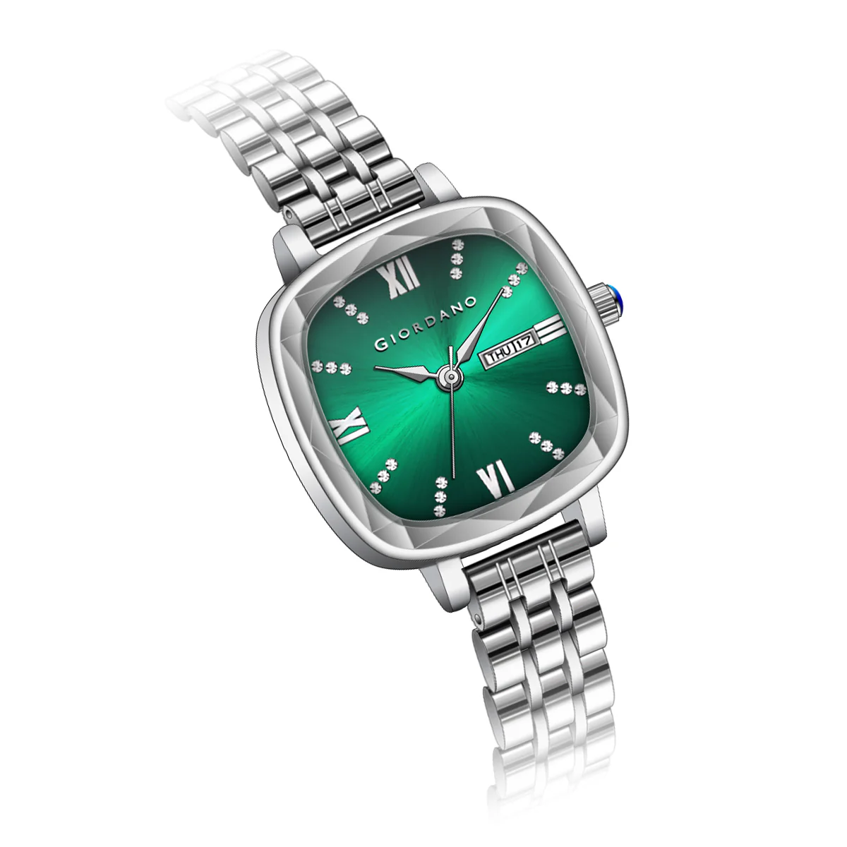Giordano Elegant Square Watch for Women – Crystal & Roman Hour Markers, Day-Date Display, Stainless Steel Strap | GZ-60097-99 - Image 8