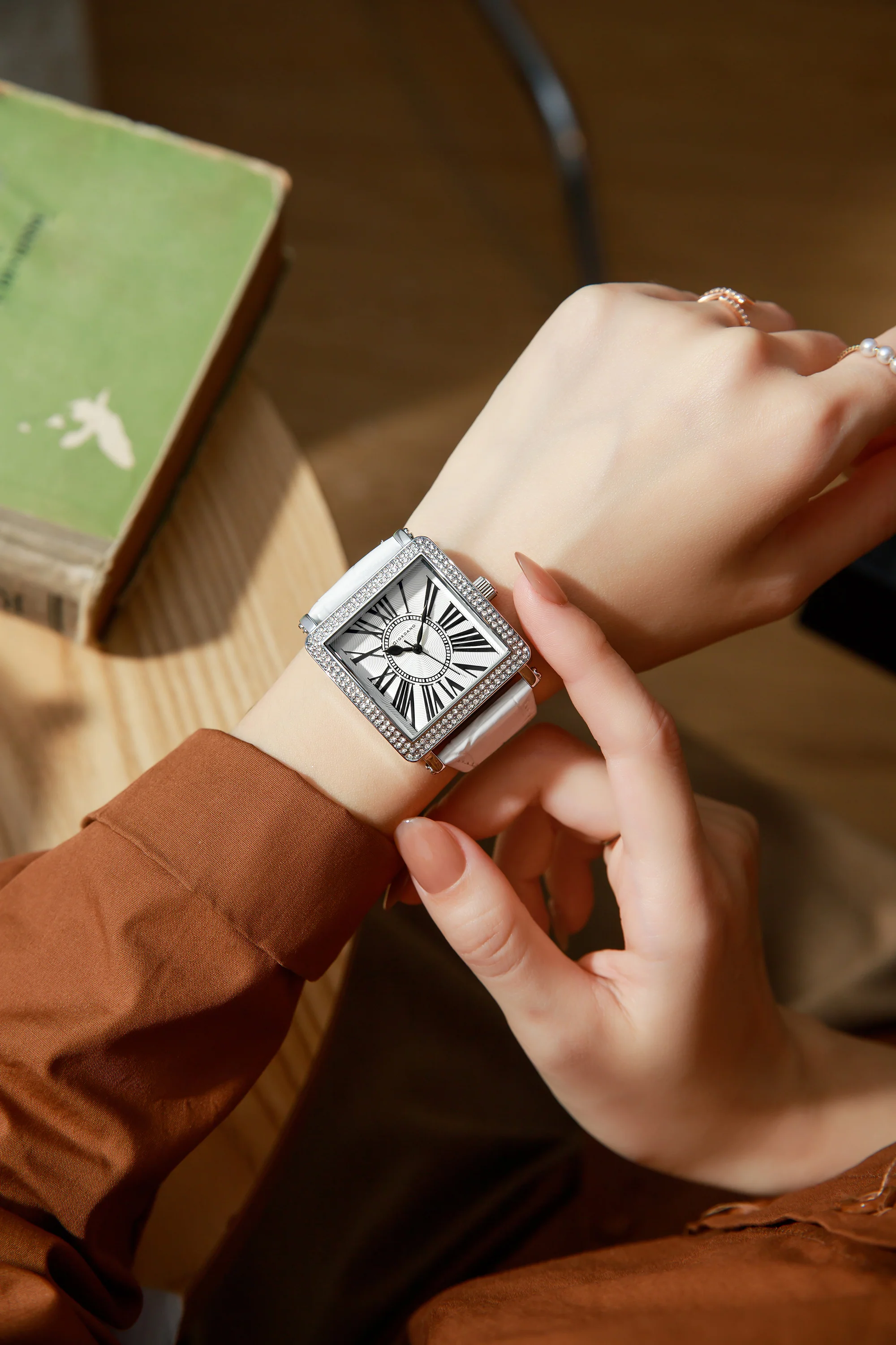 Giordano Elegant Watch for women Crystal-Studded Square Dial,  Leather Band,  Roman Numeral Dial-GZ-60091-02 - Image 2