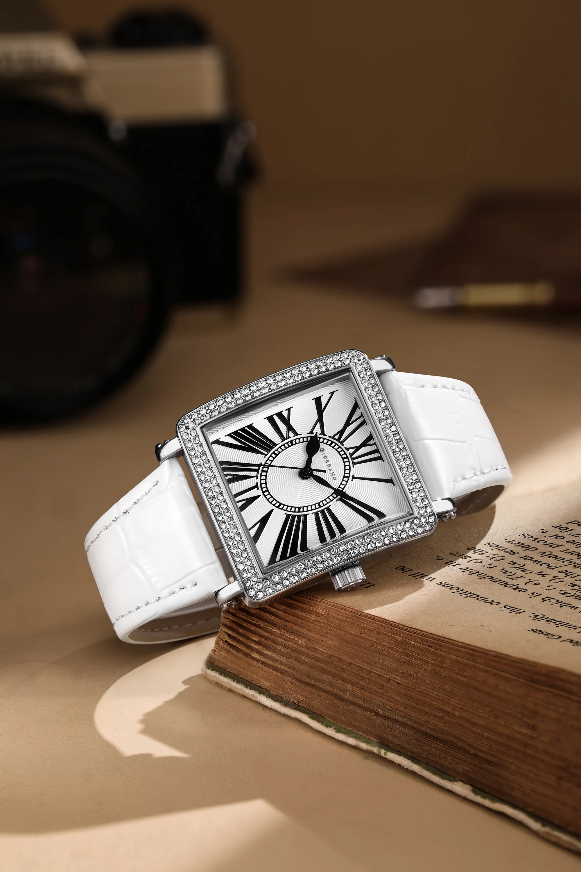 Giordano Elegant Watch for women Crystal-Studded Square Dial,  Leather Band,  Roman Numeral Dial-GZ-60091-02 - Image 3