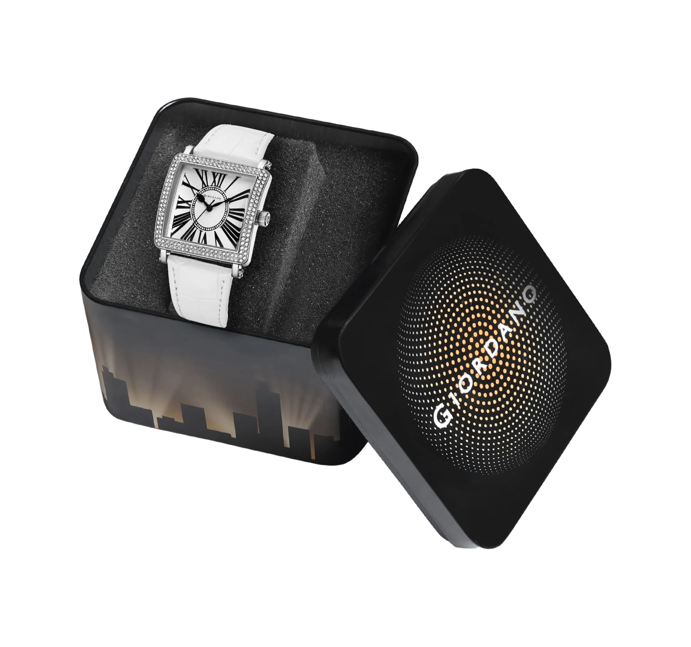 Giordano Elegant Watch for women Crystal-Studded Square Dial,  Leather Band,  Roman Numeral Dial-GZ-60091-02 - Image 6