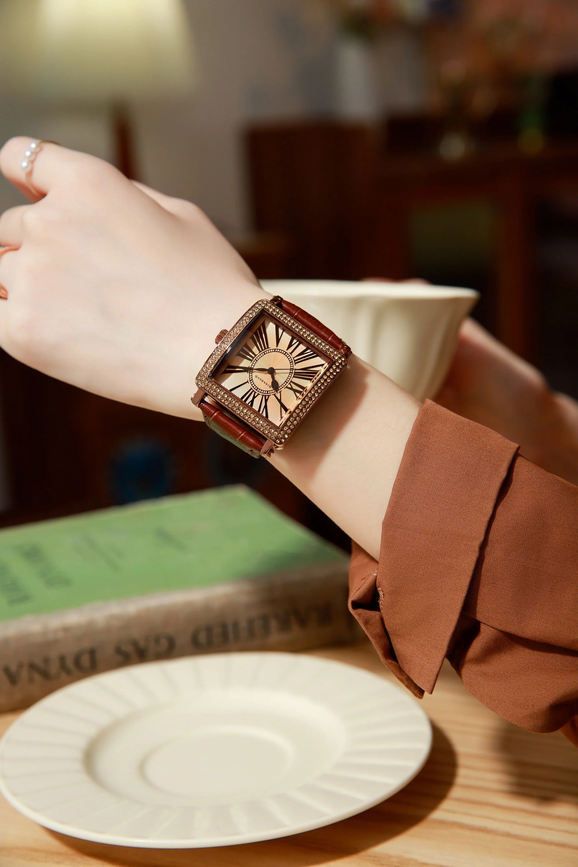 Giordano Elegant Watch for women Crystal-Studded Square Dial,  Leather Band,  Roman Numeral Dial-GZ-60091-03 - Image 2