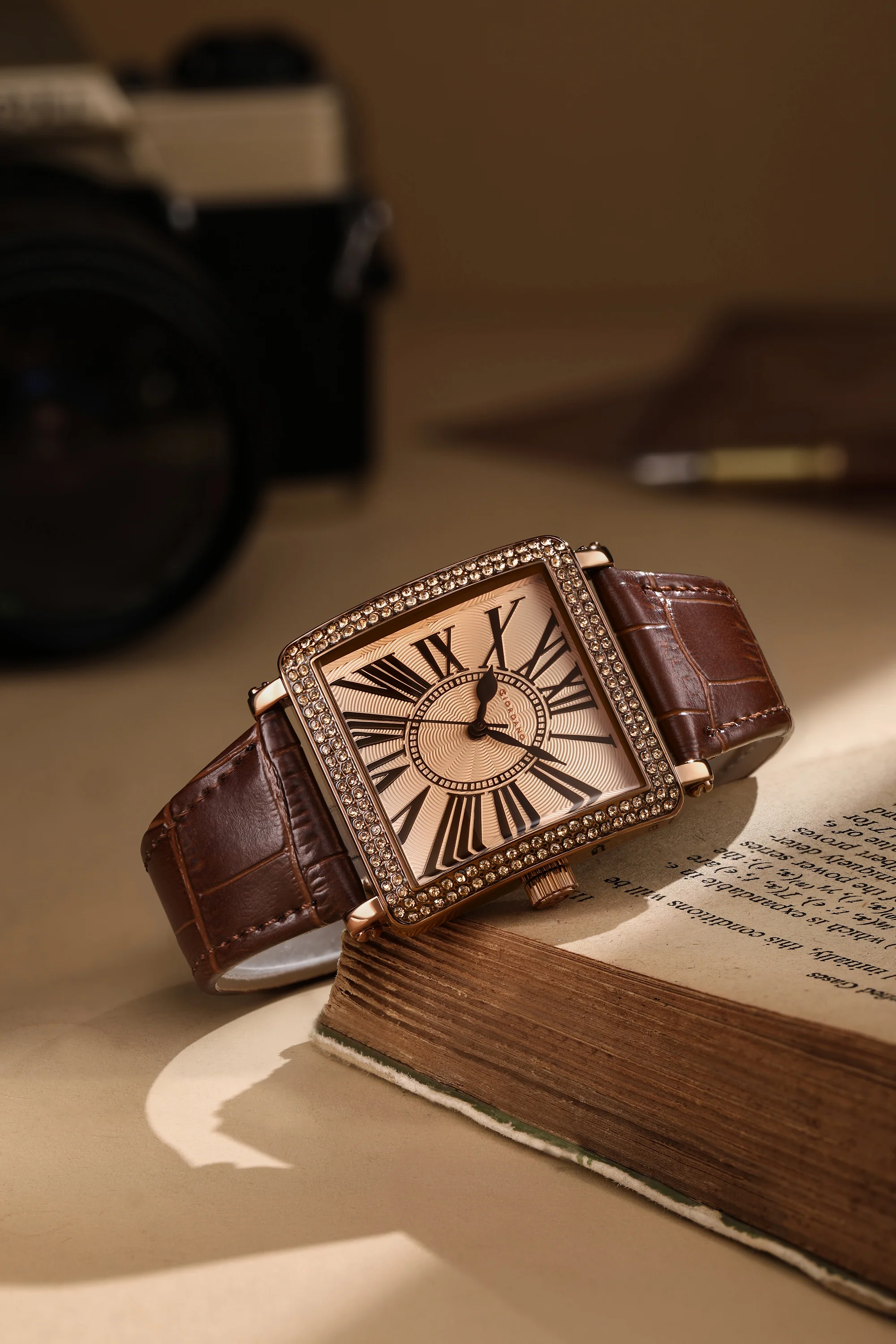 Giordano Elegant Watch for women Crystal-Studded Square Dial,  Leather Band,  Roman Numeral Dial-GZ-60091-03 - Image 3