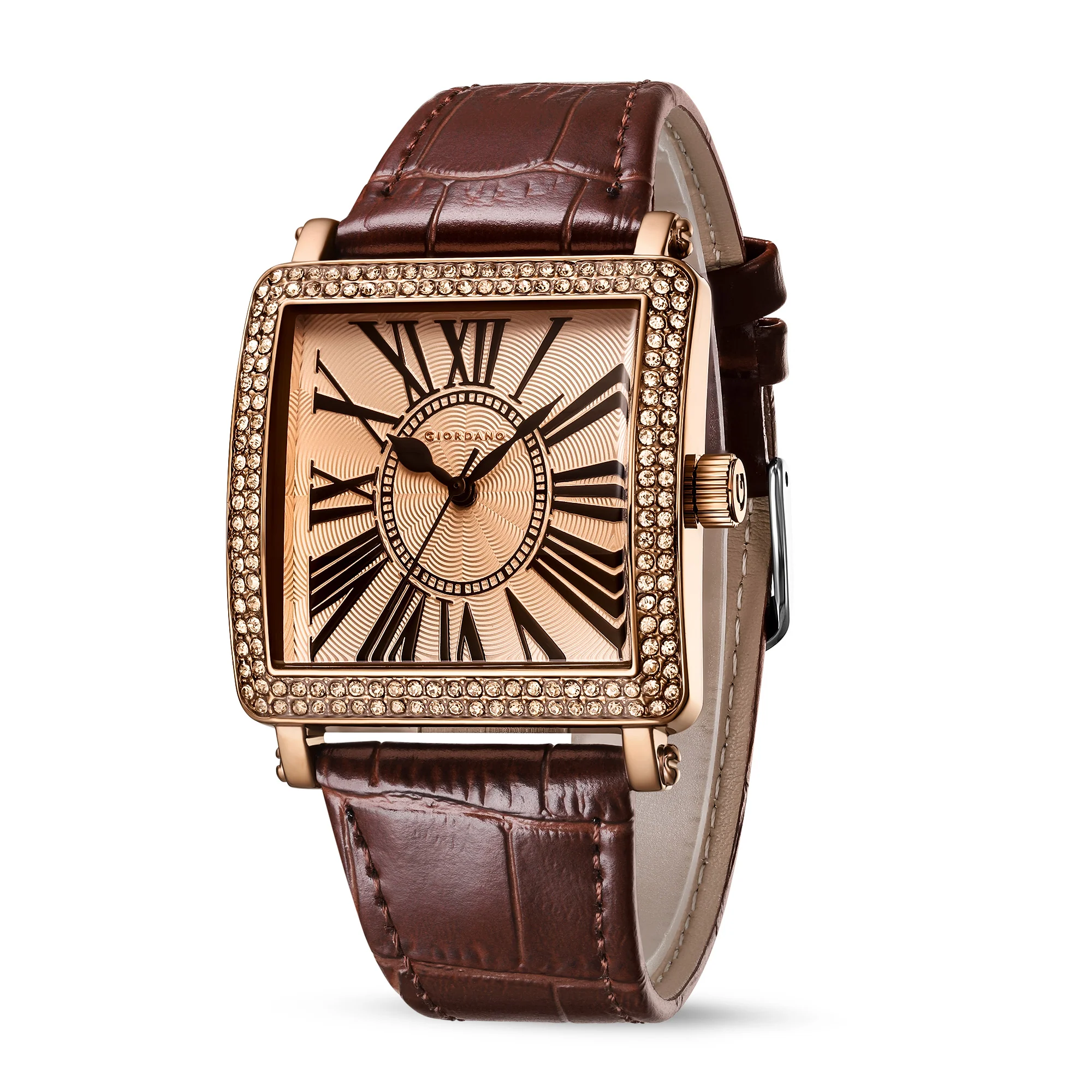 Giordano Elegant Watch for women Crystal-Studded Square Dial,  Leather Band,  Roman Numeral Dial-GZ-60091-03 - Image 4