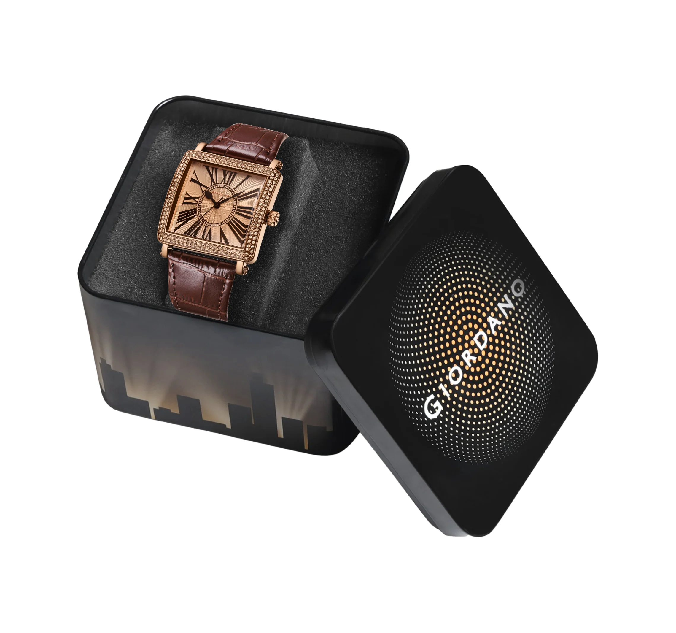 Giordano Elegant Watch for women Crystal-Studded Square Dial,  Leather Band,  Roman Numeral Dial-GZ-60091-03 - Image 6