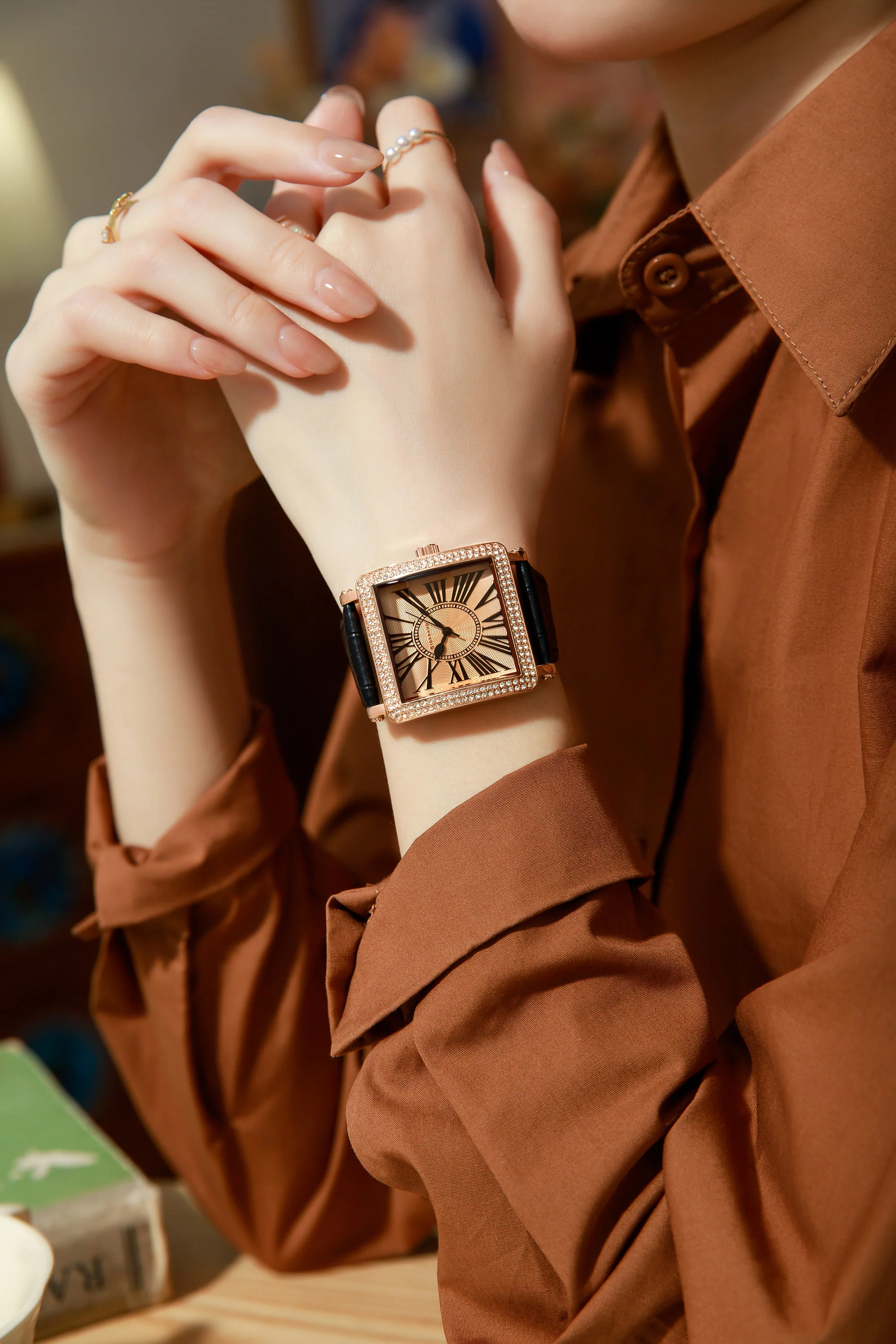Giordano Elegant Watch for women Crystal-Studded Square Dial,  Leather Band,  Roman Numeral Dial-GZ-60091-01 - Image 2