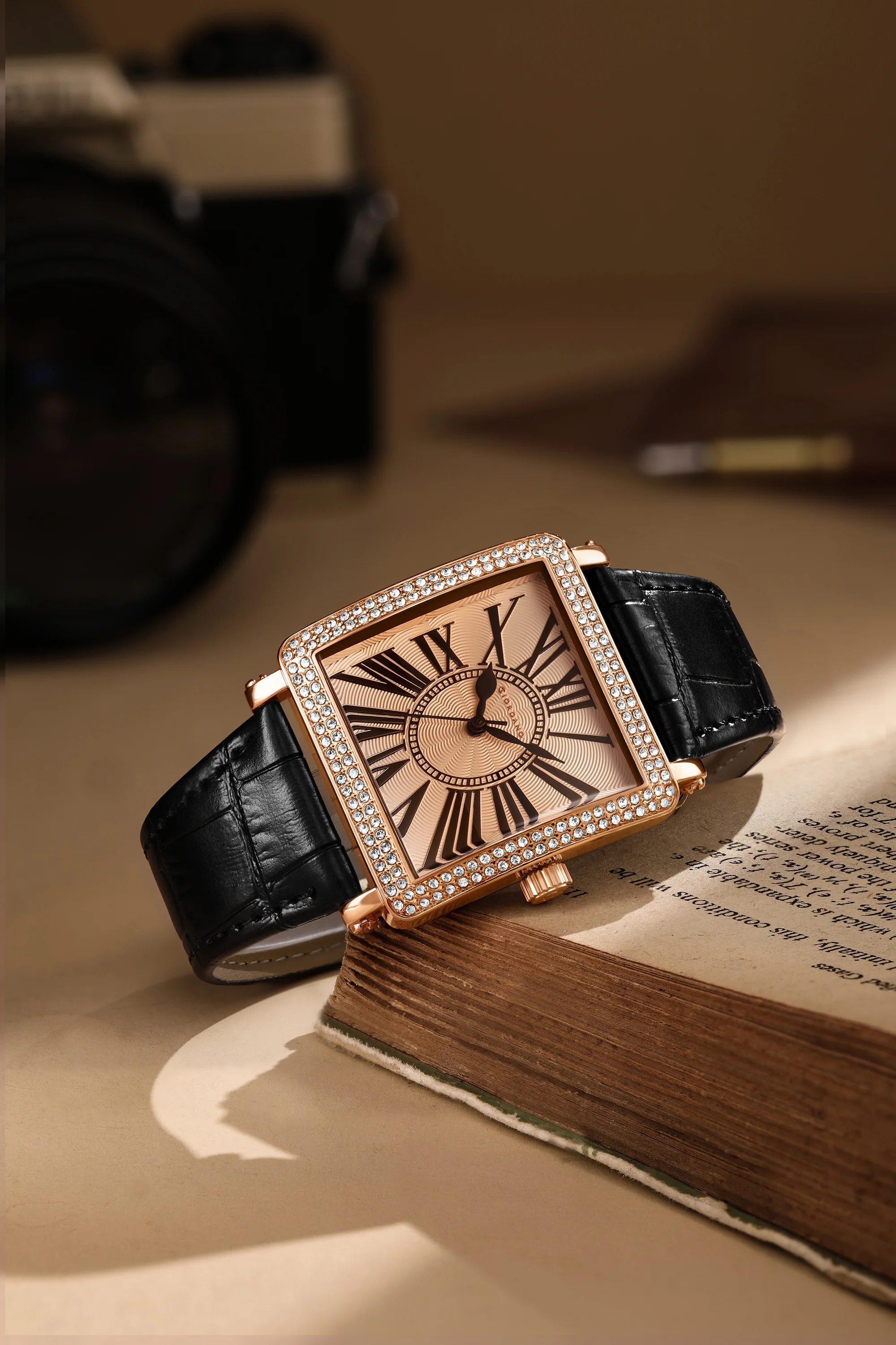 Giordano Elegant Watch for women Crystal-Studded Square Dial,  Leather Band,  Roman Numeral Dial-GZ-60091-01 - Image 3