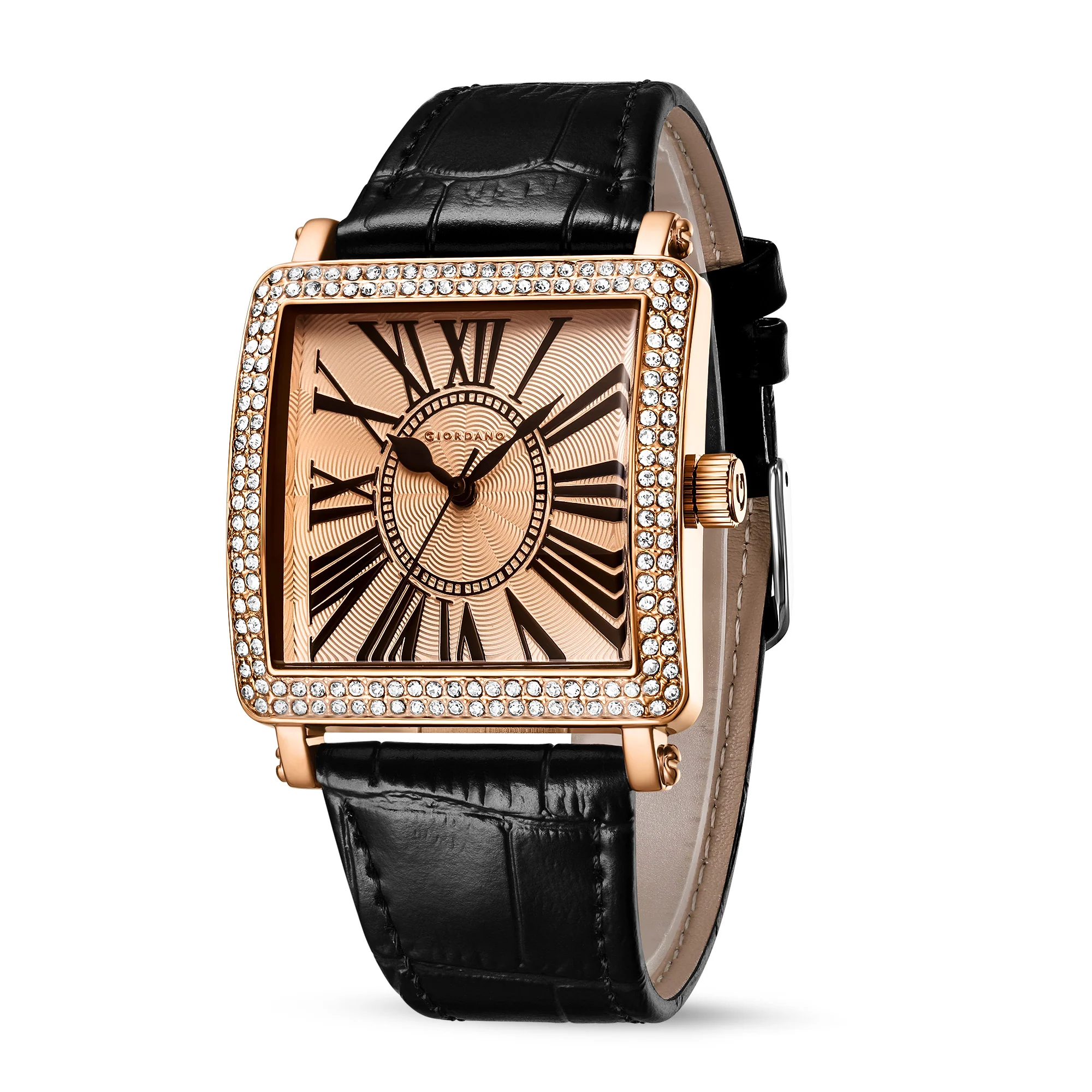 Giordano Elegant Watch for women Crystal-Studded Square Dial,  Leather Band,  Roman Numeral Dial-GZ-60091-01 - Image 4