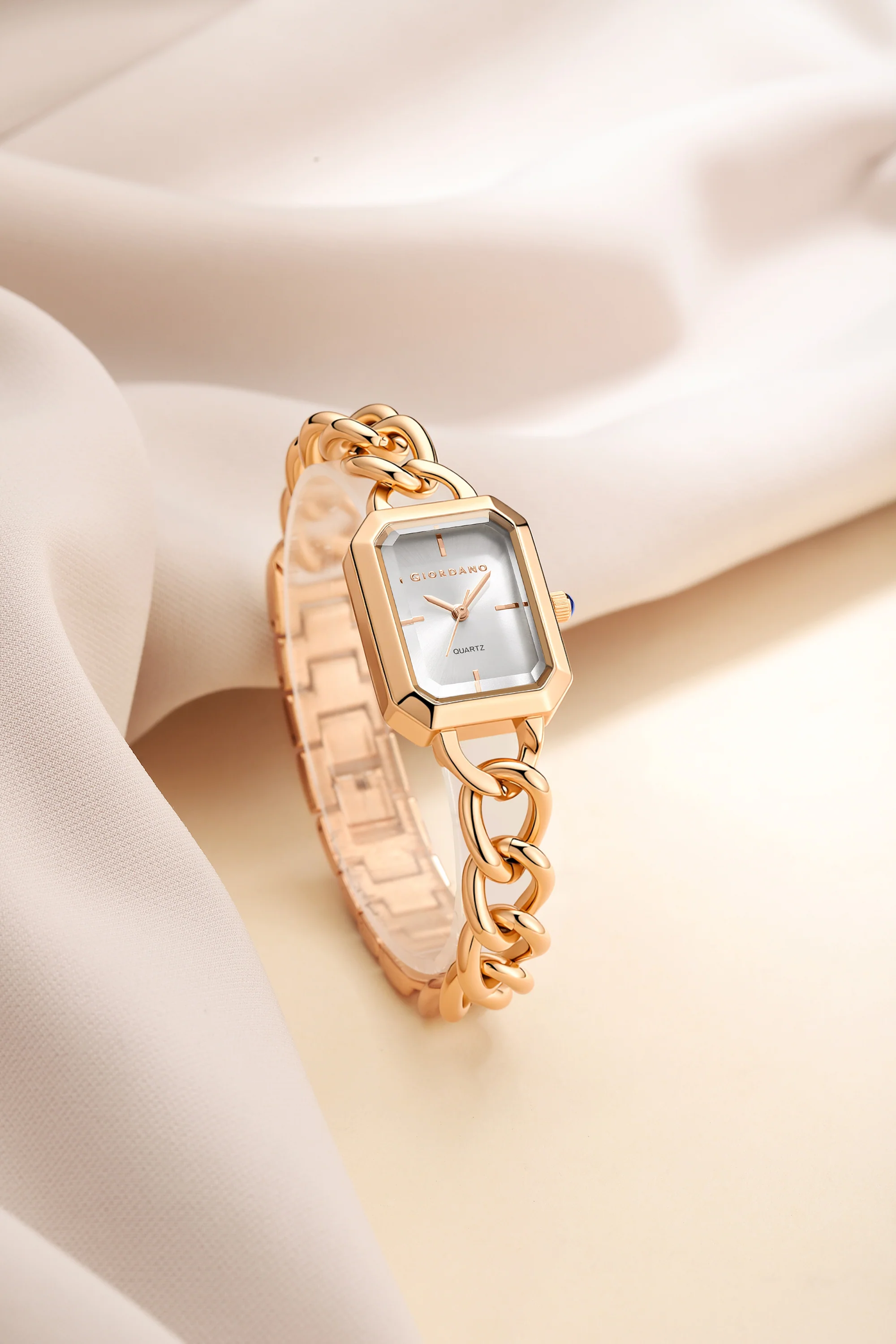 Giordano Elegant Watch for Women with Gloss Sunray Dial, Quartz Movement, Rectangular Case, Stainless Steel Chain Strap and Blue Crown Accent - GZ-60135-11 - Image 3