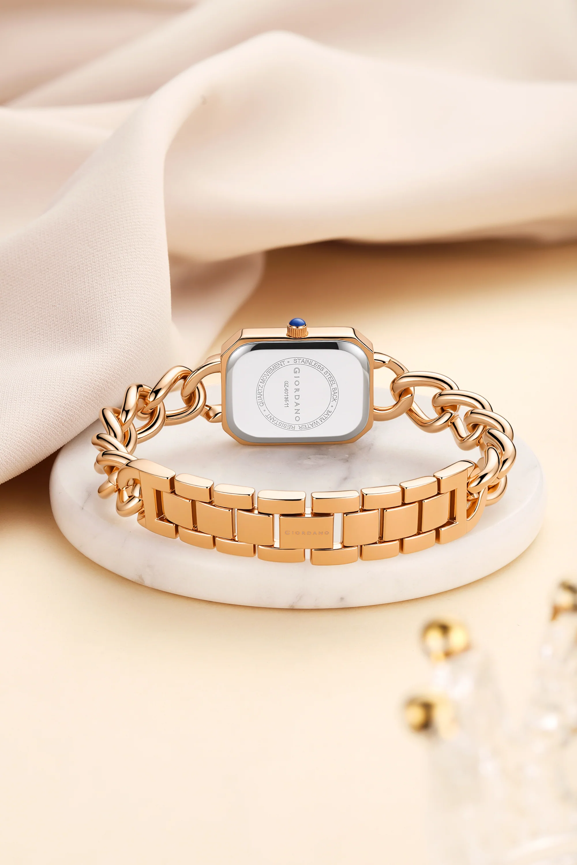 Giordano Elegant Watch for Women with Gloss Sunray Dial, Quartz Movement, Rectangular Case, Stainless Steel Chain Strap and Blue Crown Accent - GZ-60135-11 - Image 4