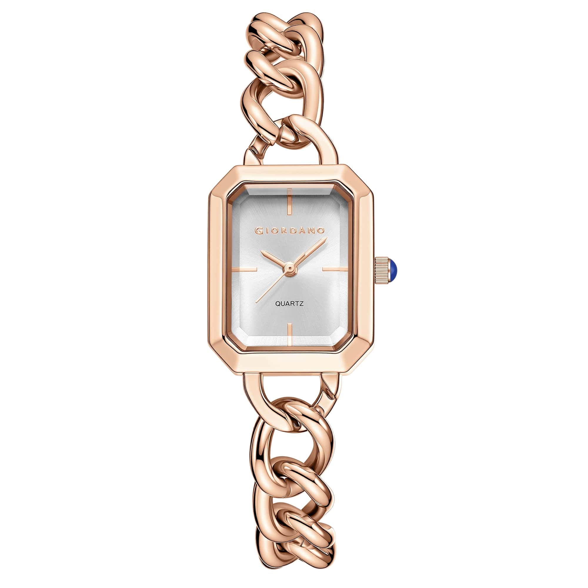Giordano Elegant Watch for Women with Gloss Sunray Dial, Quartz Movement, Rectangular Case, Stainless Steel Chain Strap and Blue Crown Accent - GZ-60135-11 - Image 5