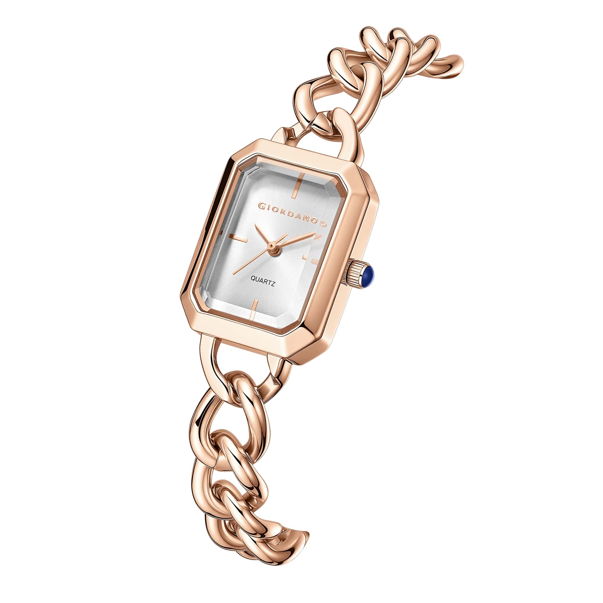 Giordano Elegant Watch for Women with Gloss Sunray Dial, Quartz Movement, Rectangular Case, Stainless Steel Chain Strap and Blue Crown Accent - GZ-60135-11 - Image 6