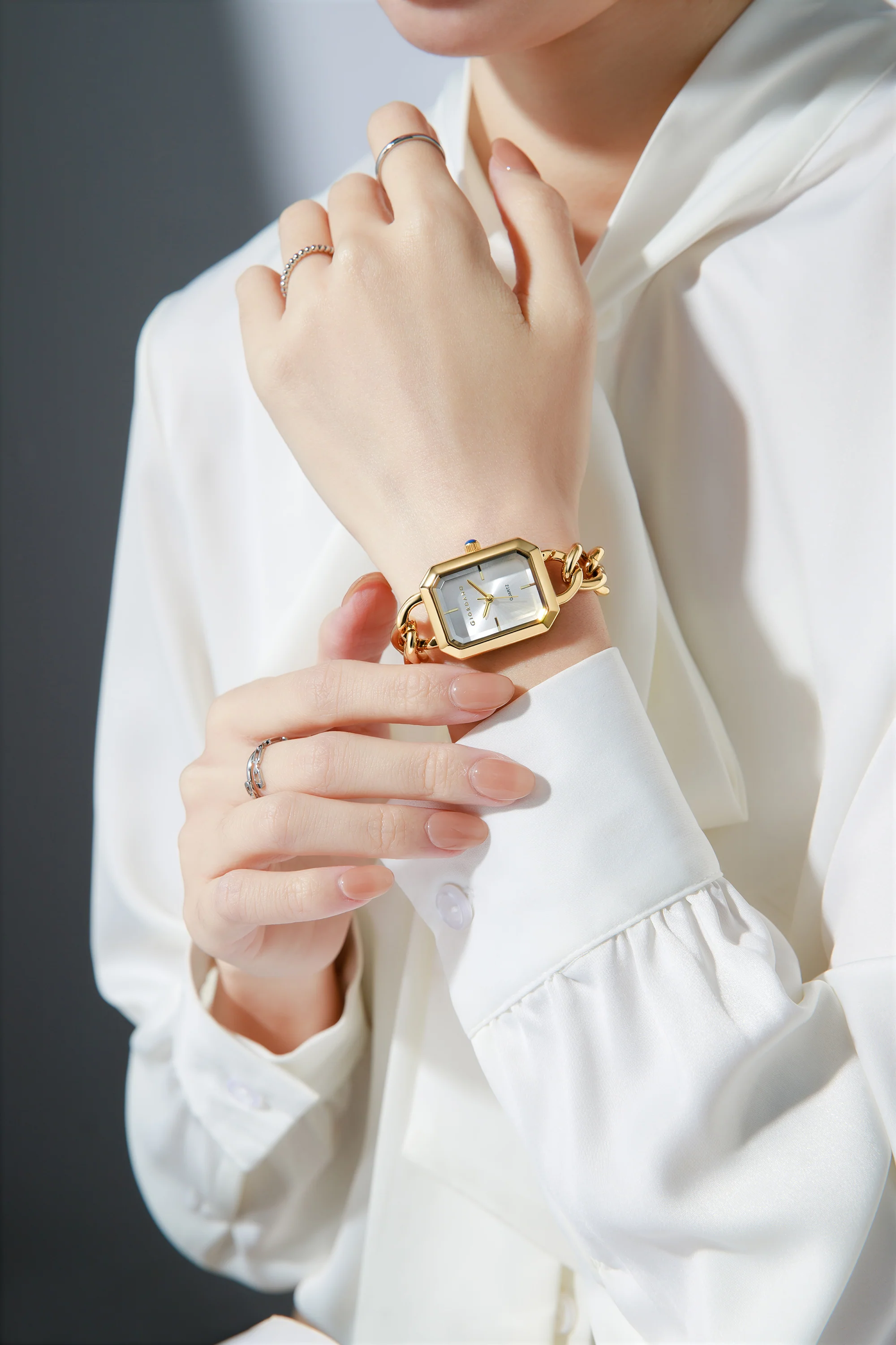 Giordano Elegant Watch for Women with Gloss Sunray Dial, Quartz Movement, Rectangular Case, Stainless Steel Chain Strap and Blue Crown Accent - GZ-60135-22 - Image 2