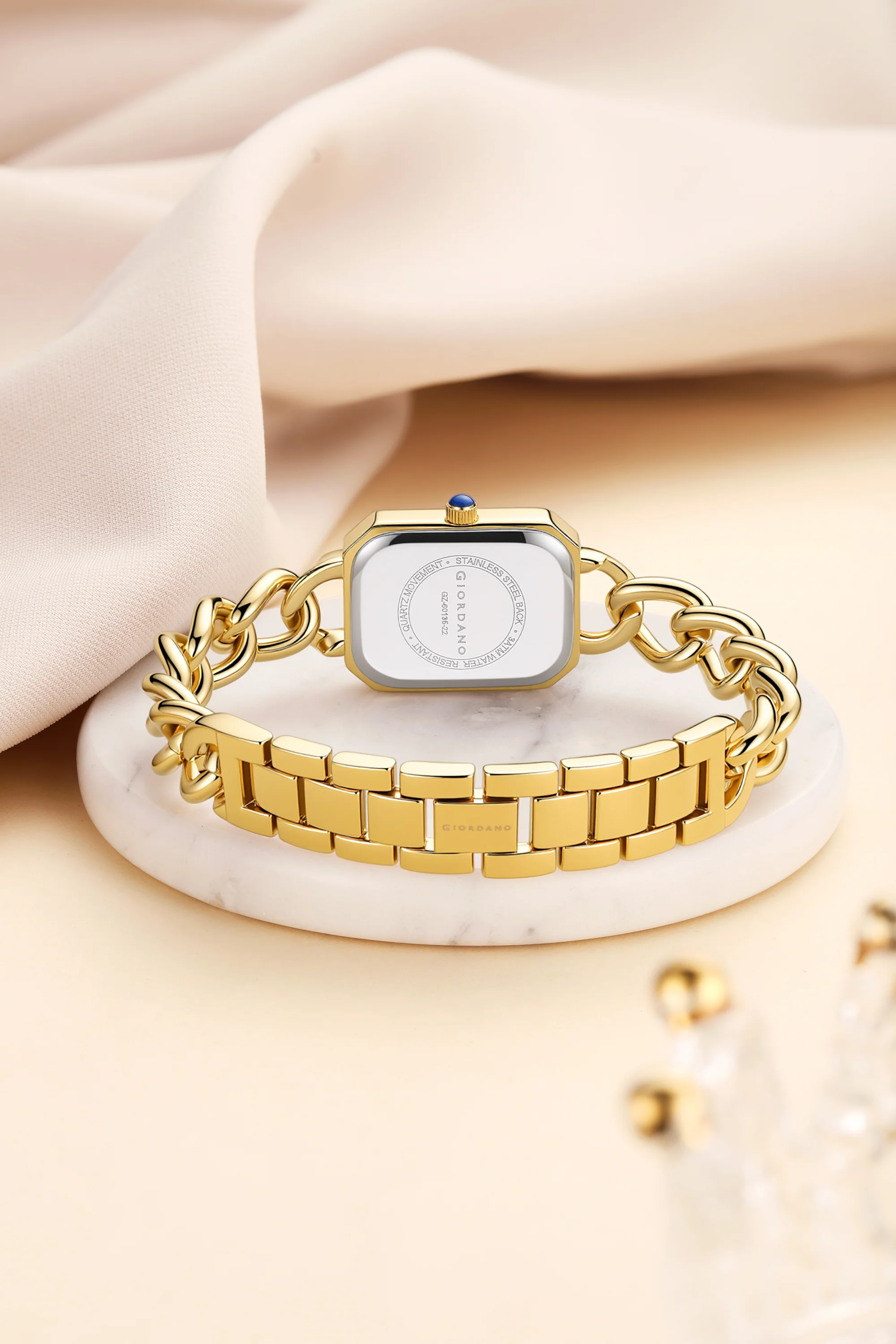 Giordano Elegant Watch for Women with Gloss Sunray Dial, Quartz Movement, Rectangular Case, Stainless Steel Chain Strap and Blue Crown Accent - GZ-60135-22 - Image 4