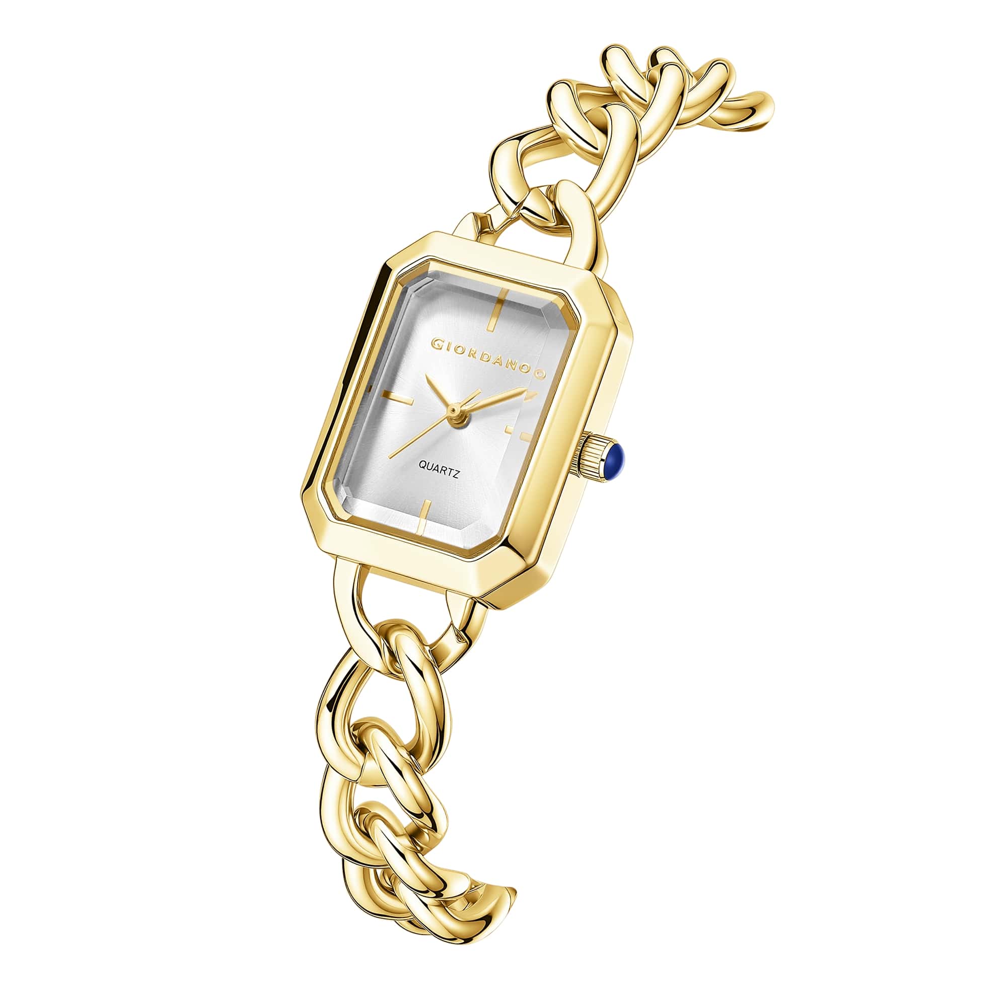 Giordano Elegant Watch for Women with Gloss Sunray Dial, Quartz Movement, Rectangular Case, Stainless Steel Chain Strap and Blue Crown Accent - GZ-60135-22 - Image 6