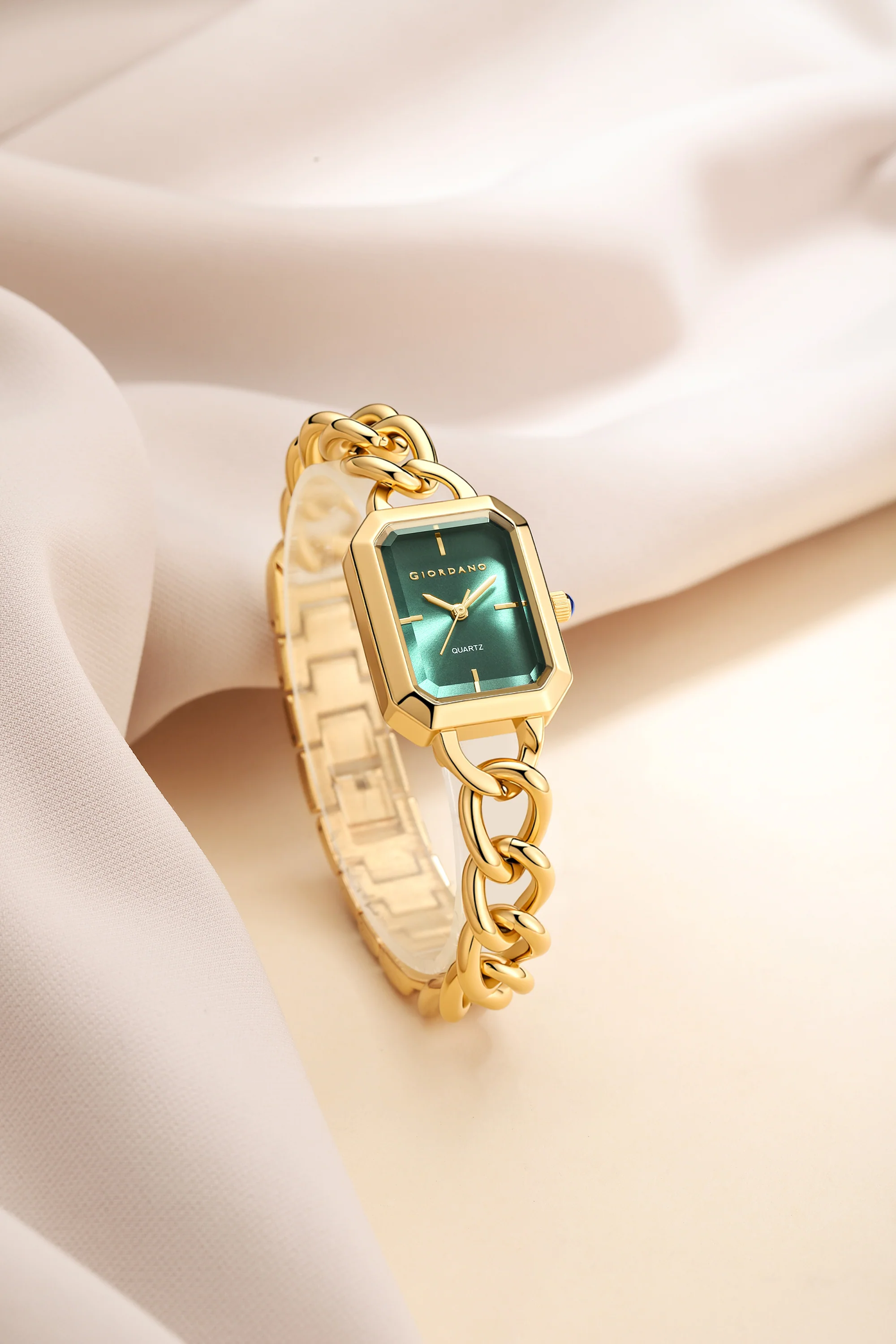 Giordano Elegant Watch for Women with Gloss Sunray Dial, Quartz Movement, Rectangular Case, Stainless Steel Chain Strap and Blue Crown Accent - GZ-60135-33 - Image 4