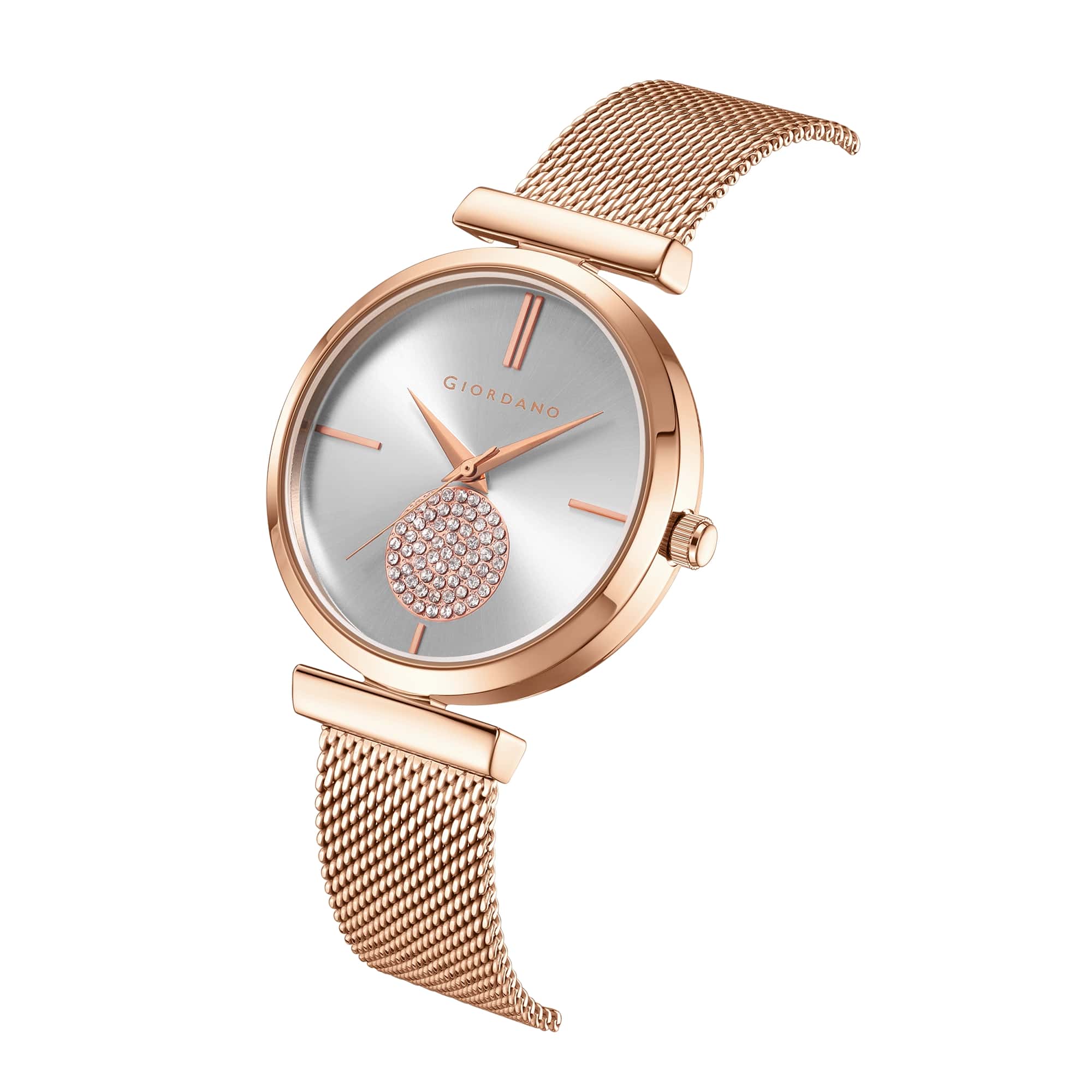 Giordano Eleganza Collection Analog Watch for Women with Crystal Studded Dial and Metallic Mesh Strap GD-4066-22 - Image 6