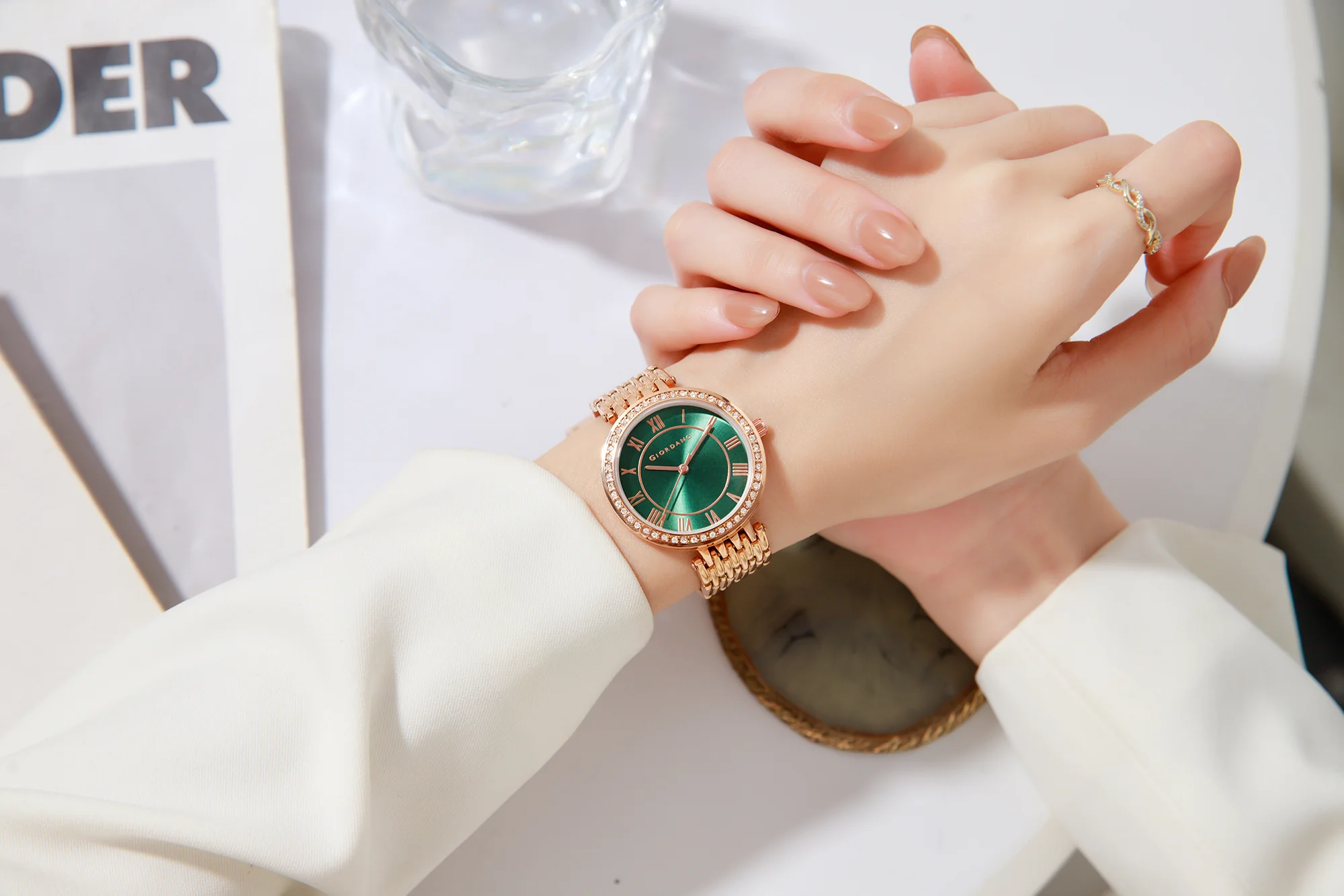 Giordano Eleganza Collection Watch for Women with Stainless Steel Strap and Crystal Embellished Bezel, Roman Numerals-A2083-11B - Image 2