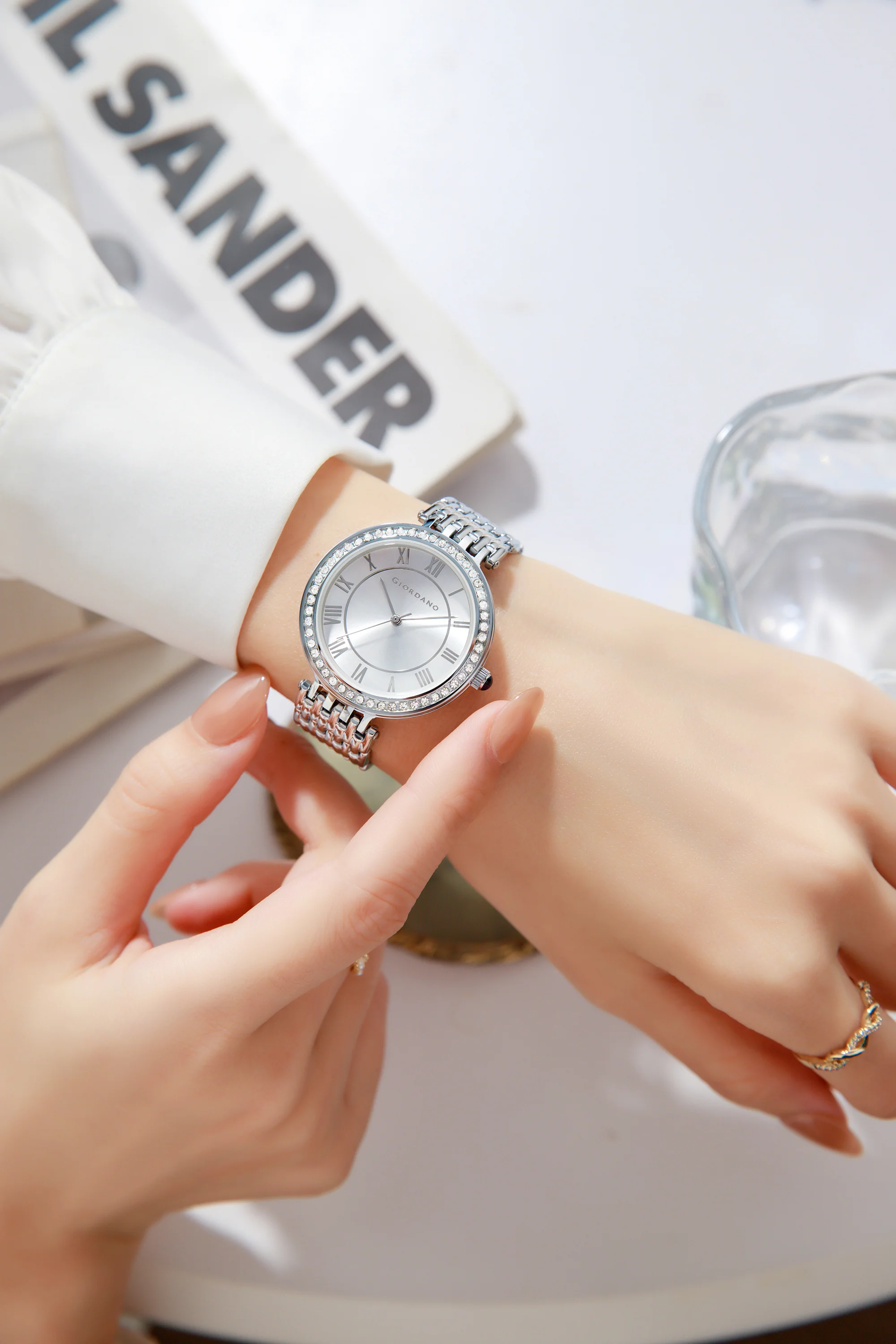 Giordano Eleganza Collection Watch for Women with Stainless Steel Strap and Crystal Embellished Bezel, Roman Numerals-A2083-77 - Image 2