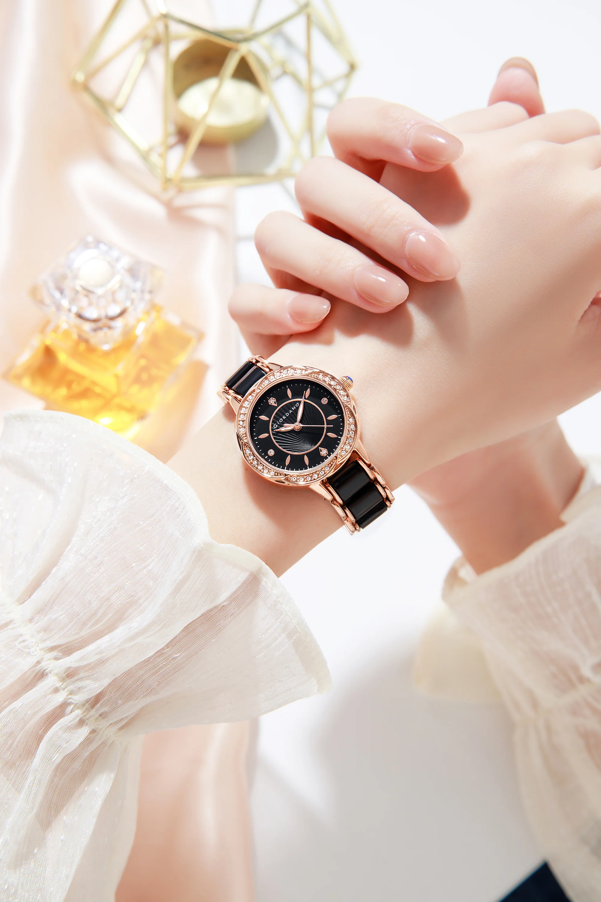 Giordano Flower Case Watch for Women with Crystal-Studded Bezel, Diamond Hour Markers & Dual Tone Stainless Strap | GZ-60095-11 - Image 2