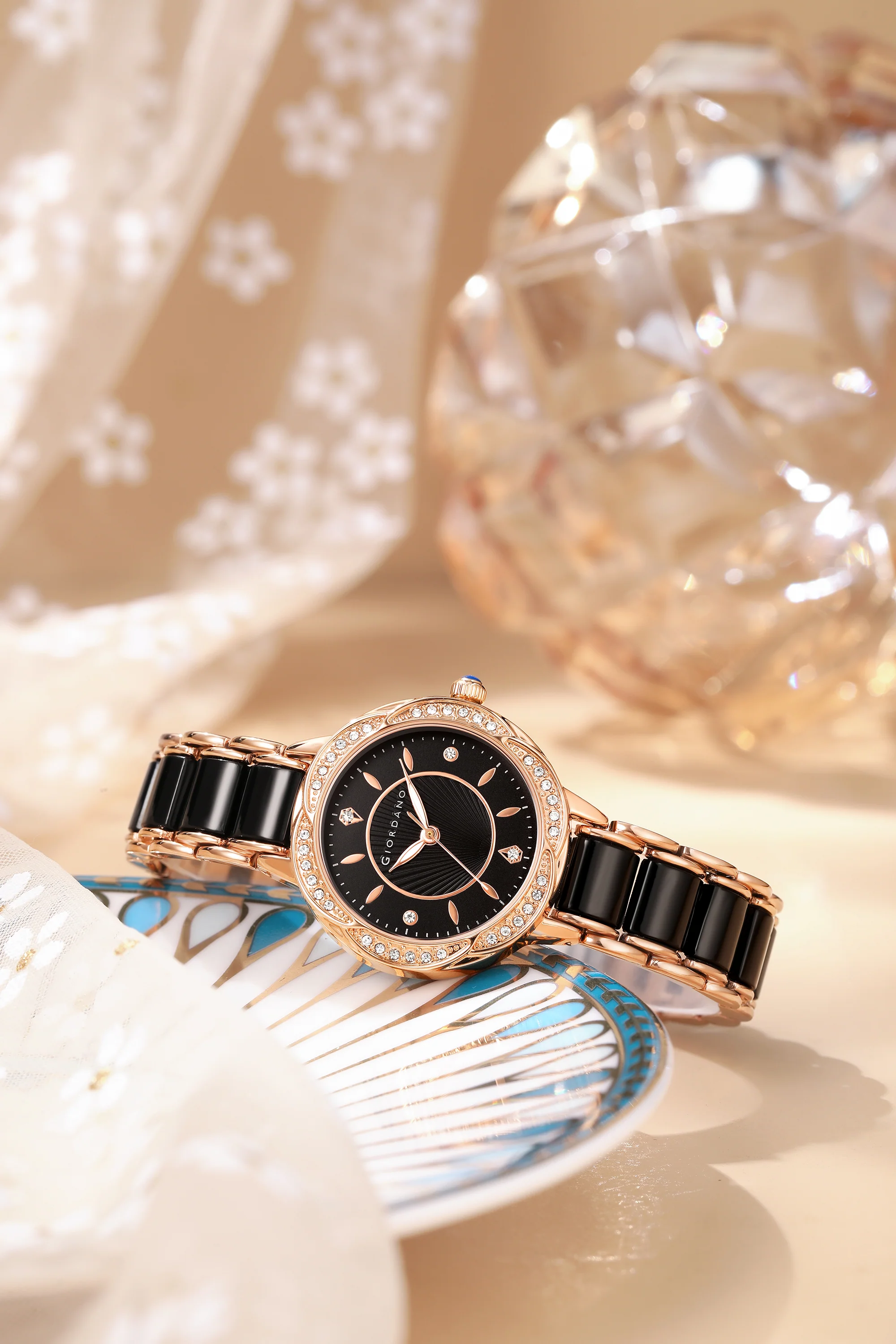 Giordano Flower Case Watch for Women with Crystal-Studded Bezel, Diamond Hour Markers & Dual Tone Stainless Strap | GZ-60095-11 - Image 3