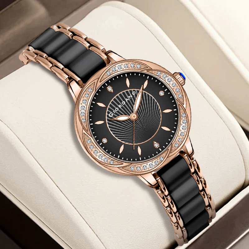 Giordano Flower Case Watch for Women with Crystal-Studded Bezel, Diamond Hour Markers & Dual Tone Stainless Strap | GZ-60095-11 - Image 4