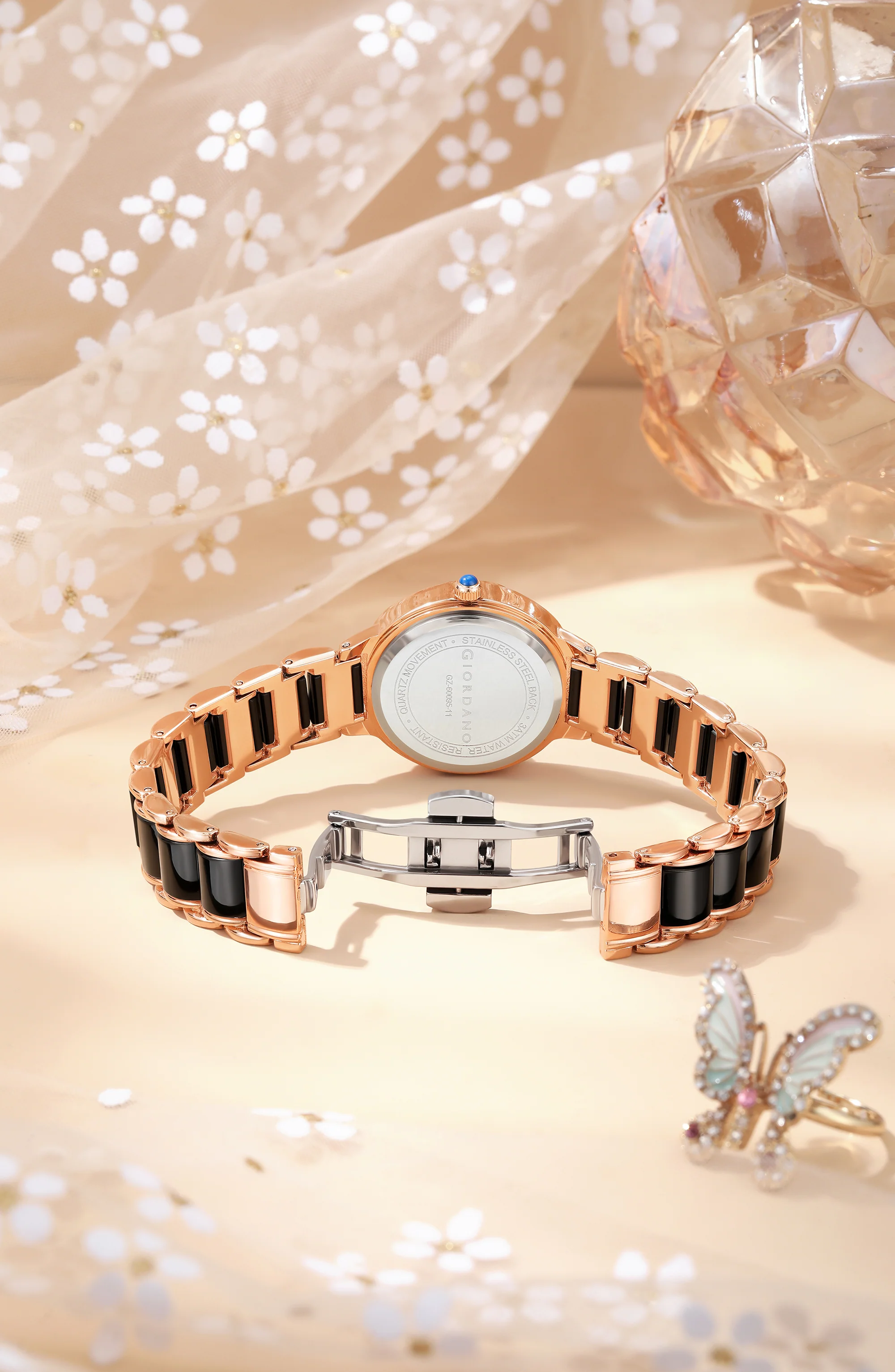 Giordano Flower Case Watch for Women with Crystal-Studded Bezel, Diamond Hour Markers & Dual Tone Stainless Strap | GZ-60095-11 - Image 5