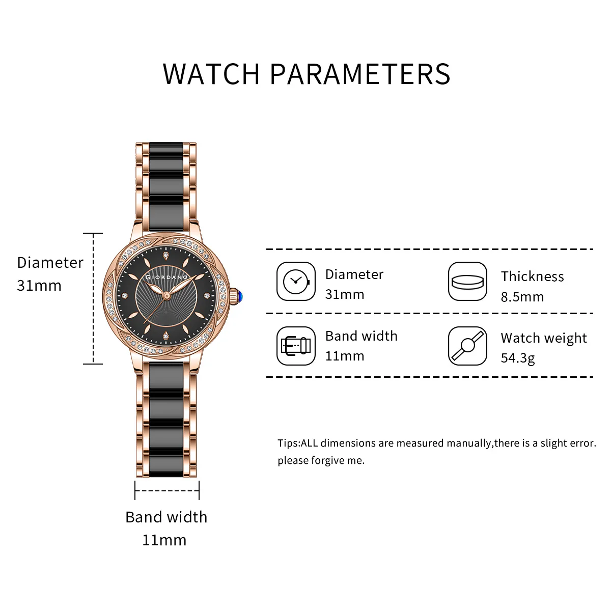 Giordano Flower Case Watch for Women with Crystal-Studded Bezel, Diamond Hour Markers & Dual Tone Stainless Strap | GZ-60095-11 - Image 6
