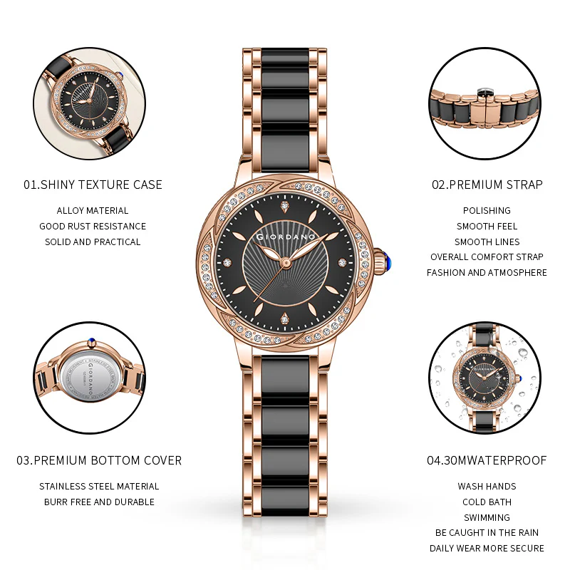 Giordano Flower Case Watch for Women with Crystal-Studded Bezel, Diamond Hour Markers & Dual Tone Stainless Strap | GZ-60095-11 - Image 7