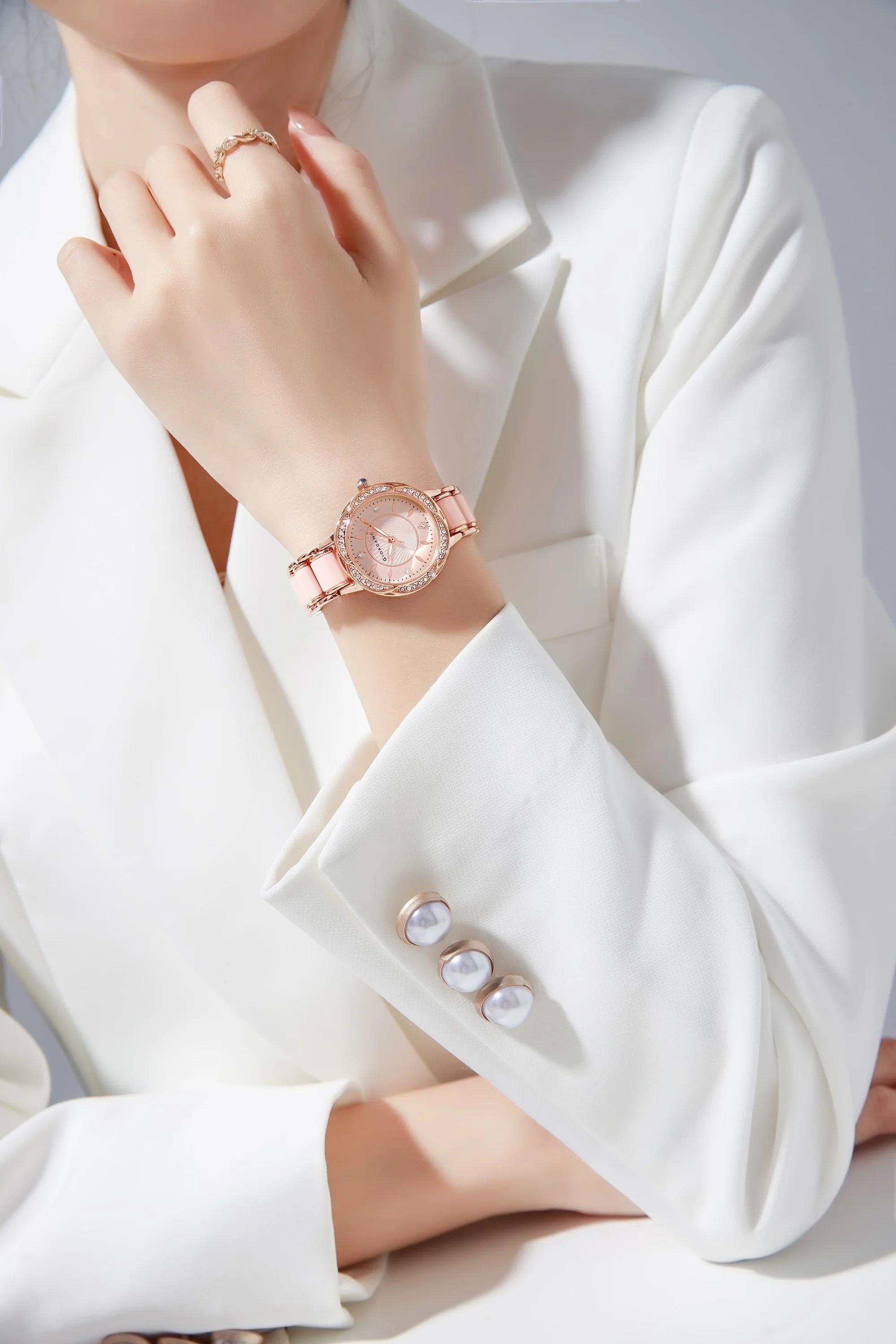 Giordano Flower Case Watch for Women with Crystal-Studded Bezel, Diamond Hour Markers & Dual Tone Stainless Strap | GZ-60095-22 - Image 2