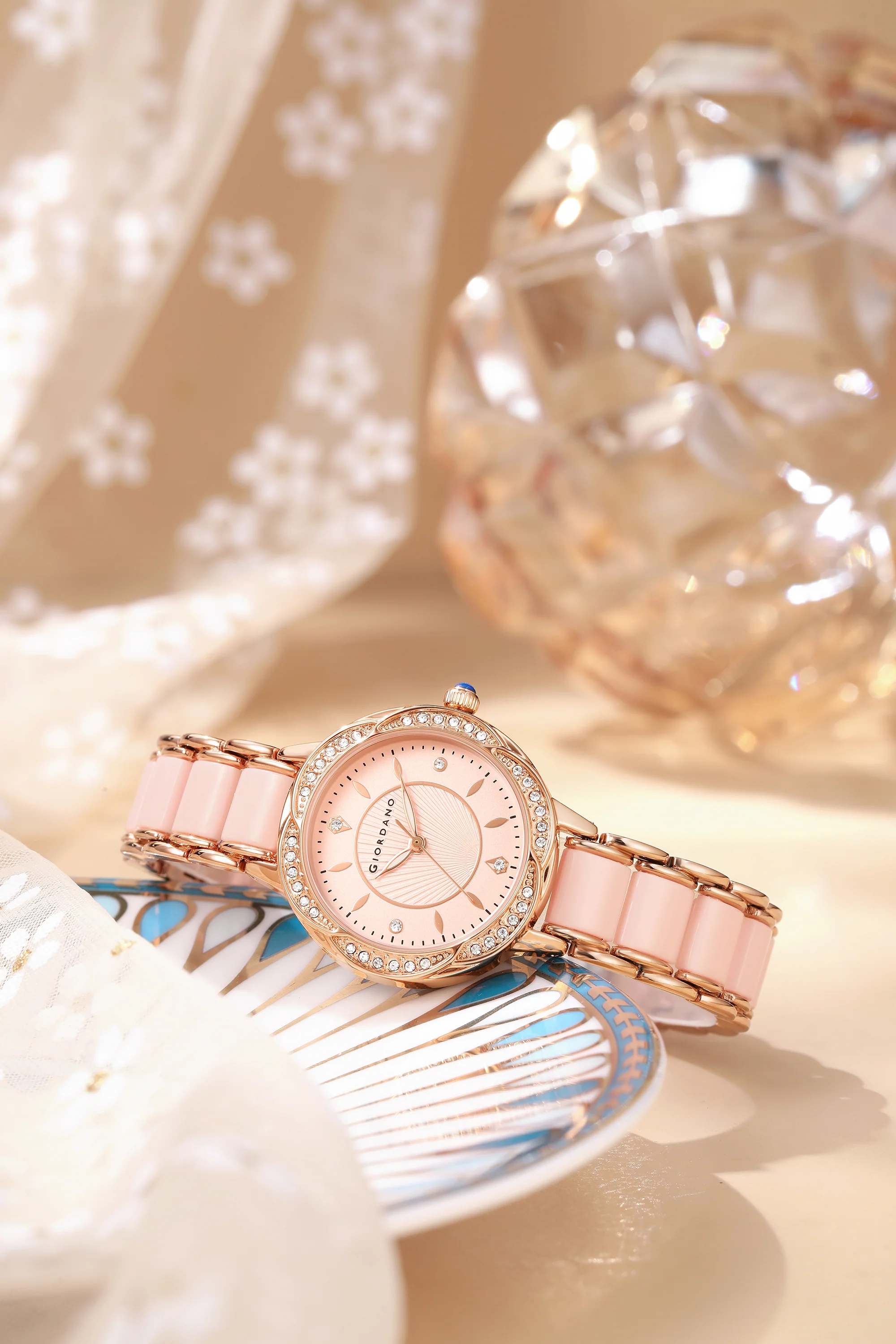 Giordano Flower Case Watch for Women with Crystal-Studded Bezel, Diamond Hour Markers & Dual Tone Stainless Strap | GZ-60095-22 - Image 3