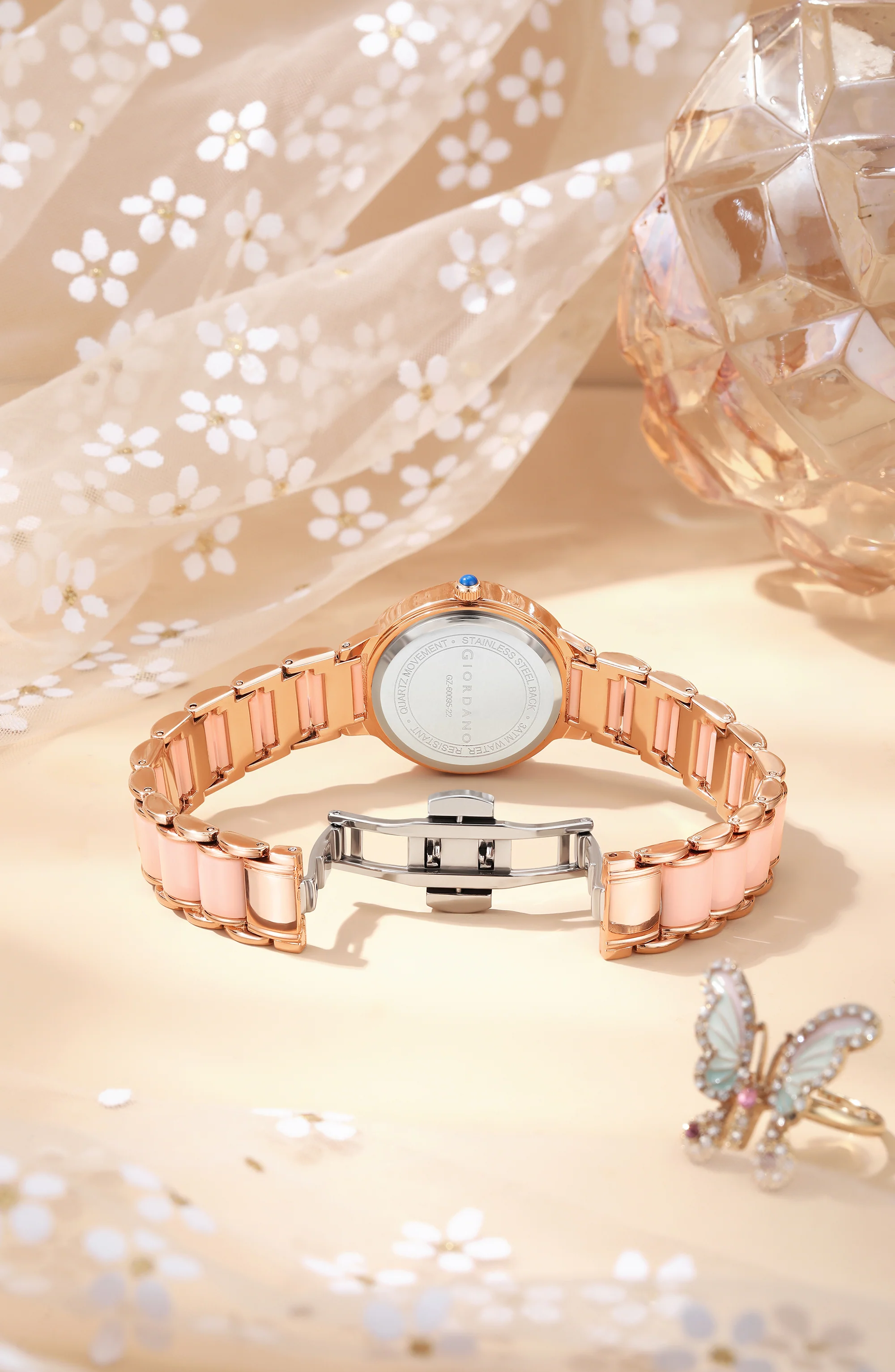 Giordano Flower Case Watch for Women with Crystal-Studded Bezel, Diamond Hour Markers & Dual Tone Stainless Strap | GZ-60095-22 - Image 4