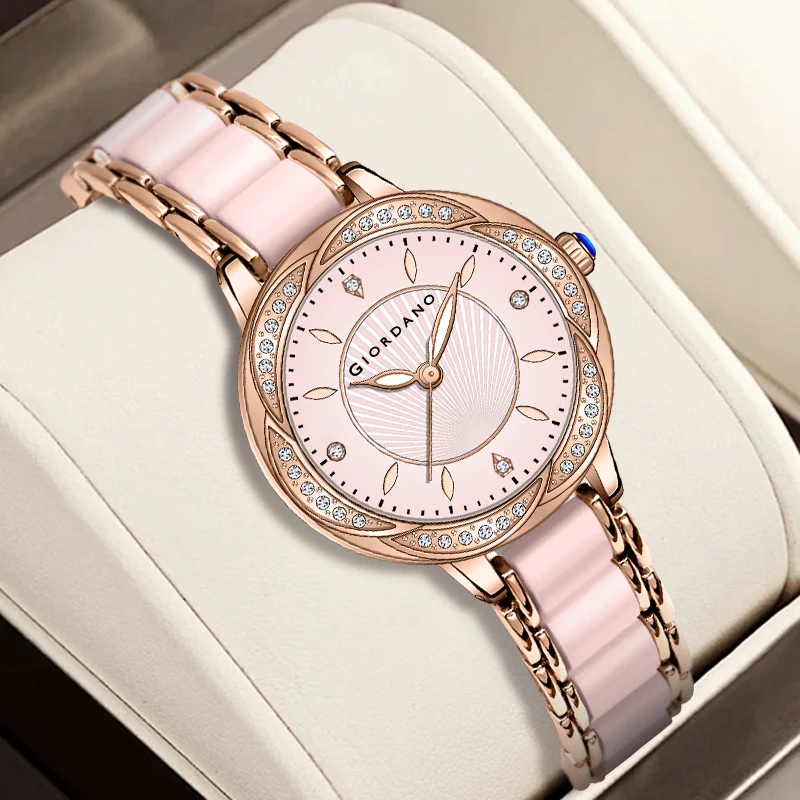 Giordano Flower Case Watch for Women with Crystal-Studded Bezel, Diamond Hour Markers & Dual Tone Stainless Strap | GZ-60095-22 - Image 5