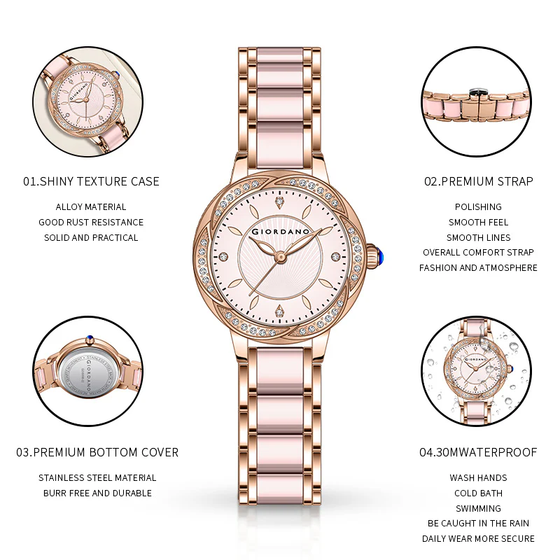 Giordano Flower Case Watch for Women with Crystal-Studded Bezel, Diamond Hour Markers & Dual Tone Stainless Strap | GZ-60095-22 - Image 6