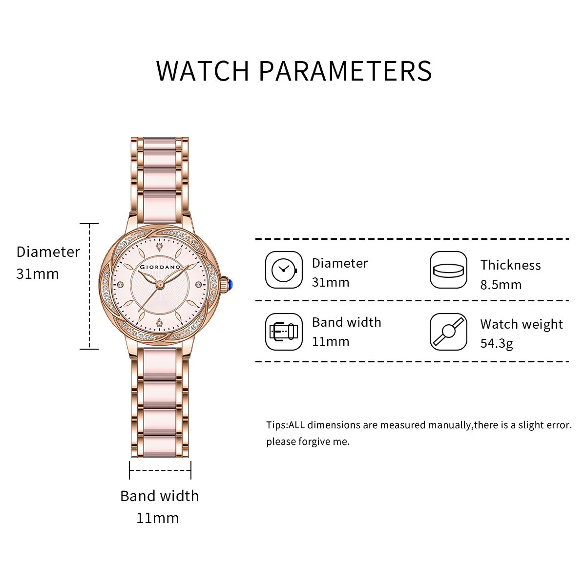 Giordano Flower Case Watch for Women with Crystal-Studded Bezel, Diamond Hour Markers & Dual Tone Stainless Strap | GZ-60095-22 - Image 7