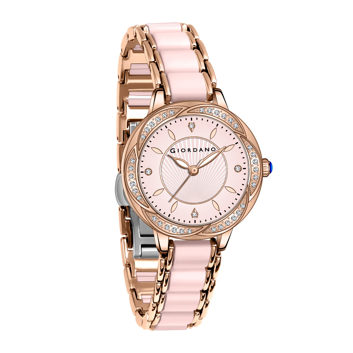 Giordano Flower Case Watch for Women with Crystal-Studded Bezel, Diamond Hour Markers & Dual Tone Stainless Strap | GZ-60095-22 - Image 8