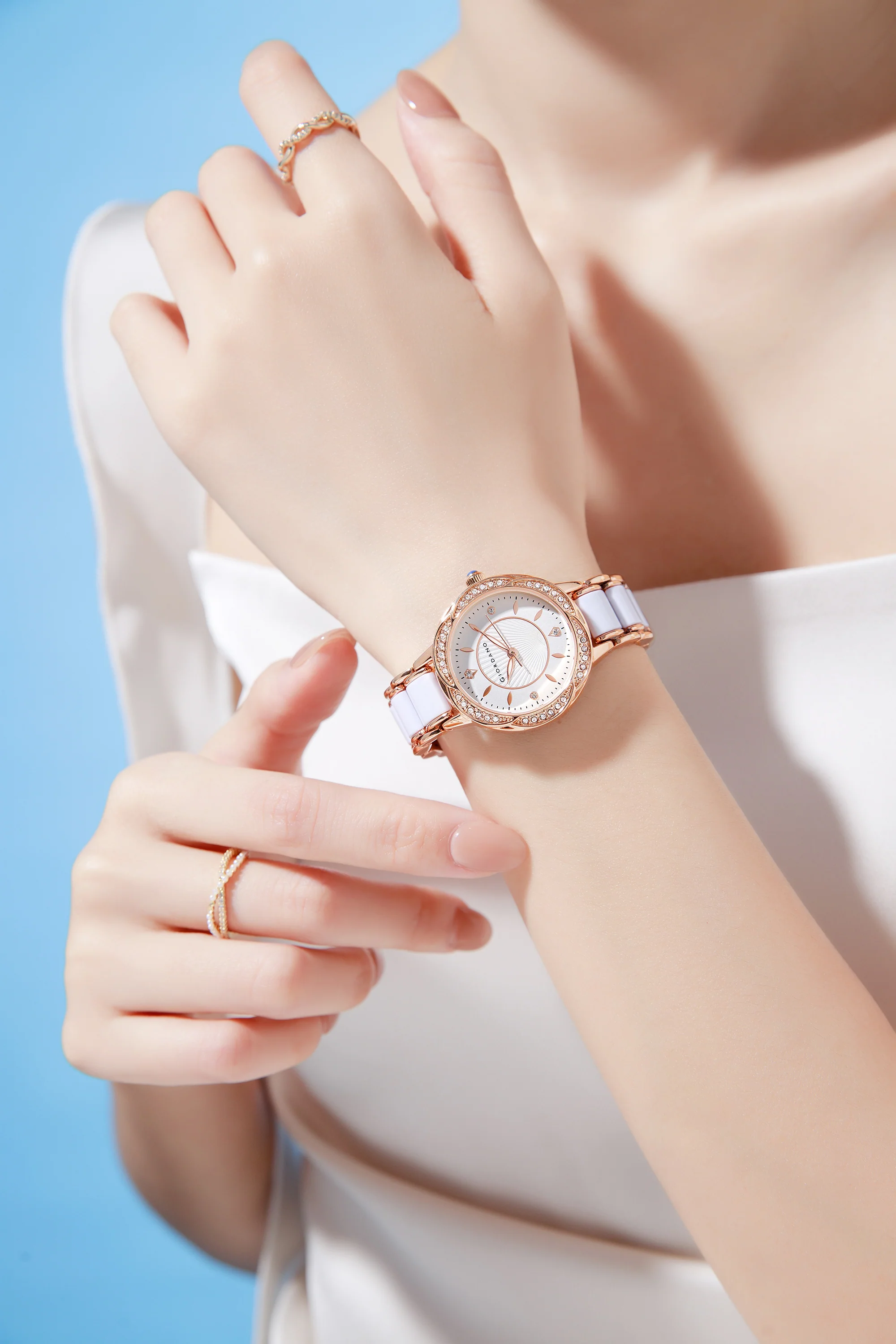 Giordano Flower Case Watch for Women with Crystal-Studded Bezel, Diamond Hour Markers & Dual Tone Stainless Strap | GZ-60095-33 - Image 2