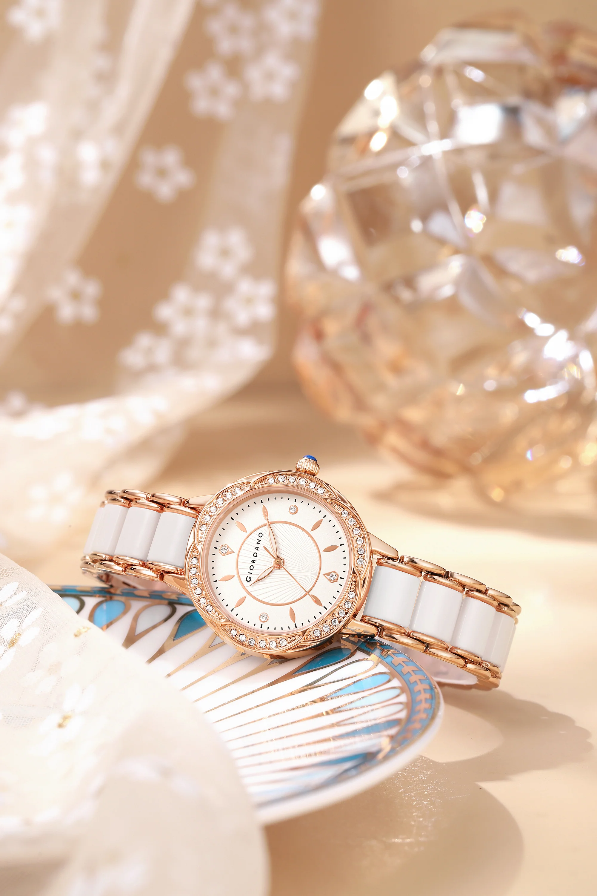 Giordano Flower Case Watch for Women with Crystal-Studded Bezel, Diamond Hour Markers & Dual Tone Stainless Strap | GZ-60095-33 - Image 3