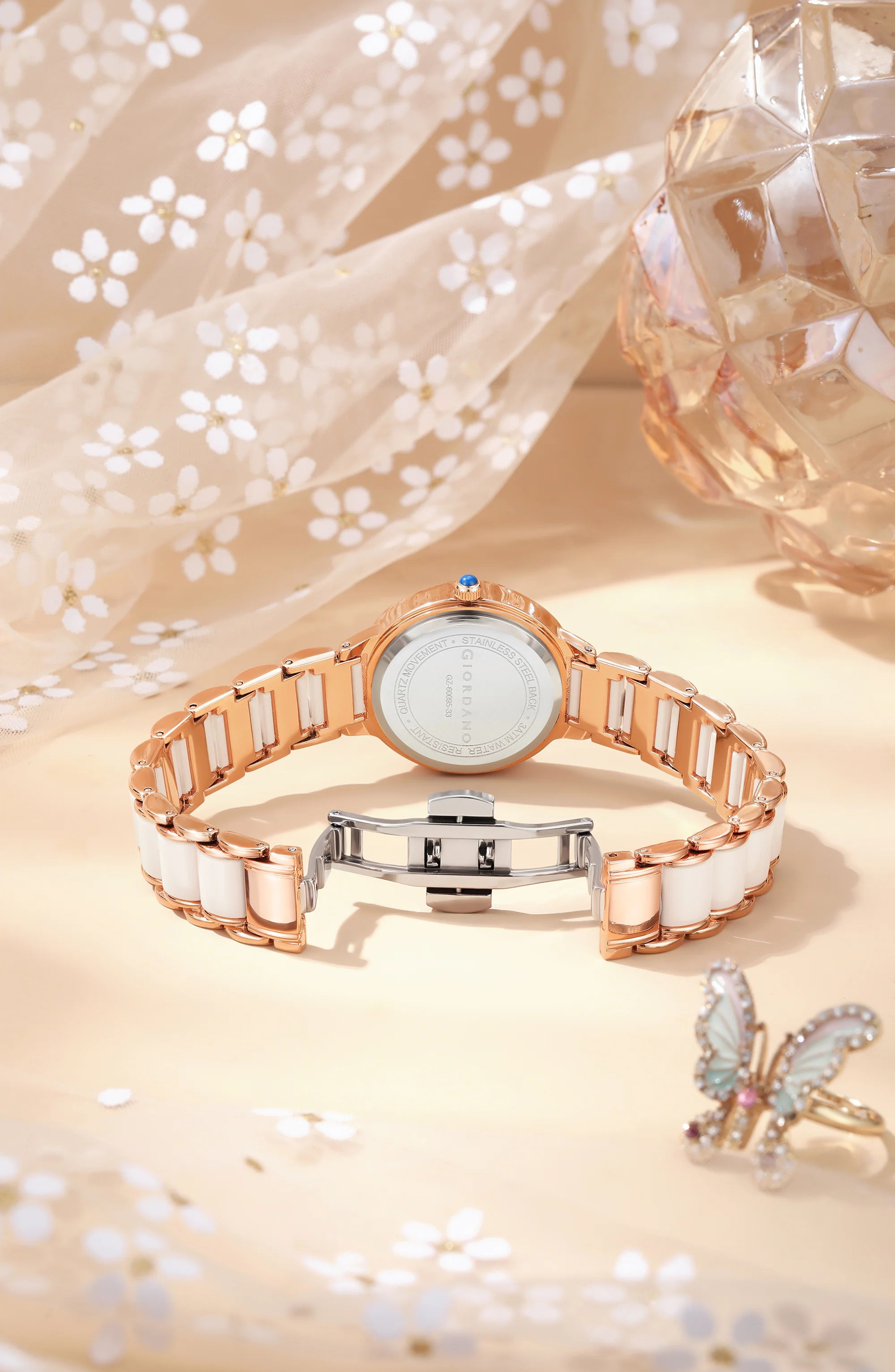 Giordano Flower Case Watch for Women with Crystal-Studded Bezel, Diamond Hour Markers & Dual Tone Stainless Strap | GZ-60095-33 - Image 4