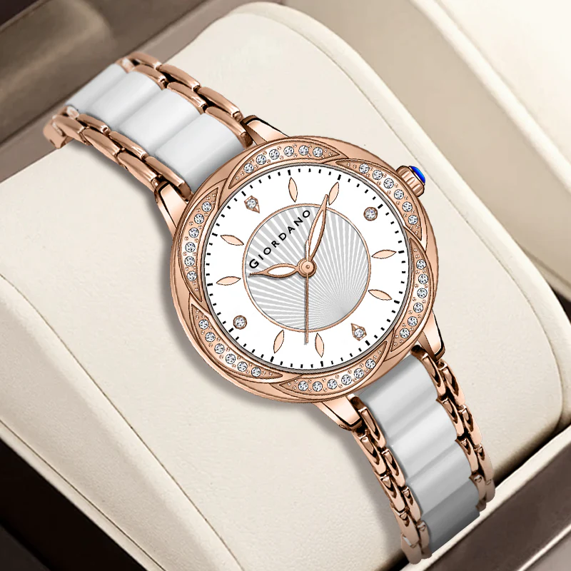 Giordano Flower Case Watch for Women with Crystal-Studded Bezel, Diamond Hour Markers & Dual Tone Stainless Strap | GZ-60095-33 - Image 5