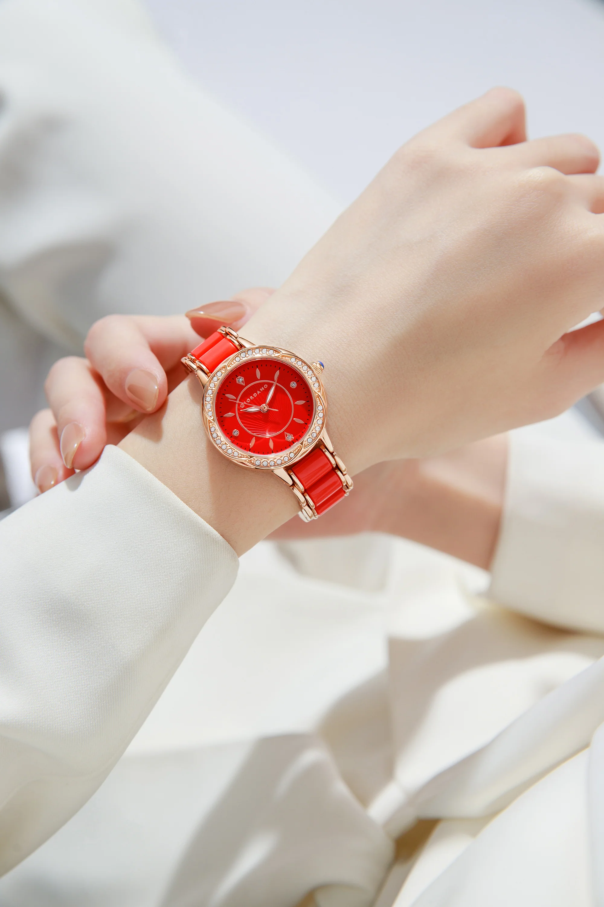 Giordano Flower Case Watch for Women with Crystal-Studded Bezel, Diamond Hour Markers & Dual Tone Stainless Strap - GZ-60095-44 - Image 2