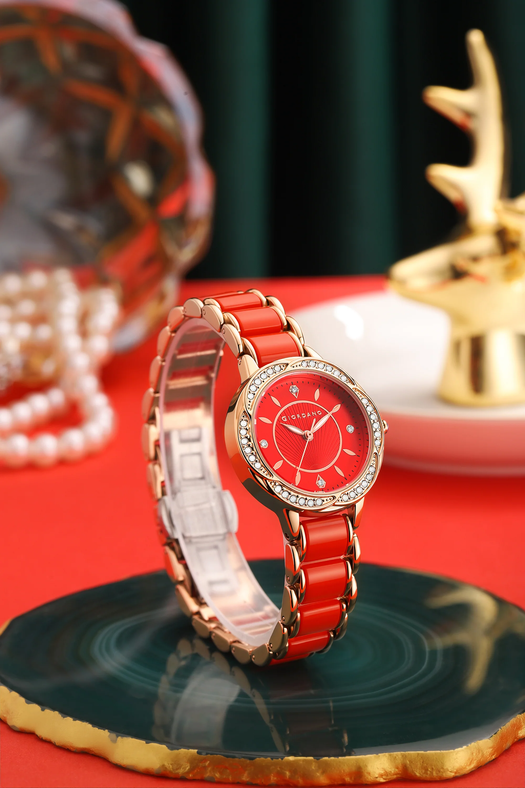 Giordano Flower Case Watch for Women with Crystal-Studded Bezel, Diamond Hour Markers & Dual Tone Stainless Strap - GZ-60095-44 - Image 3