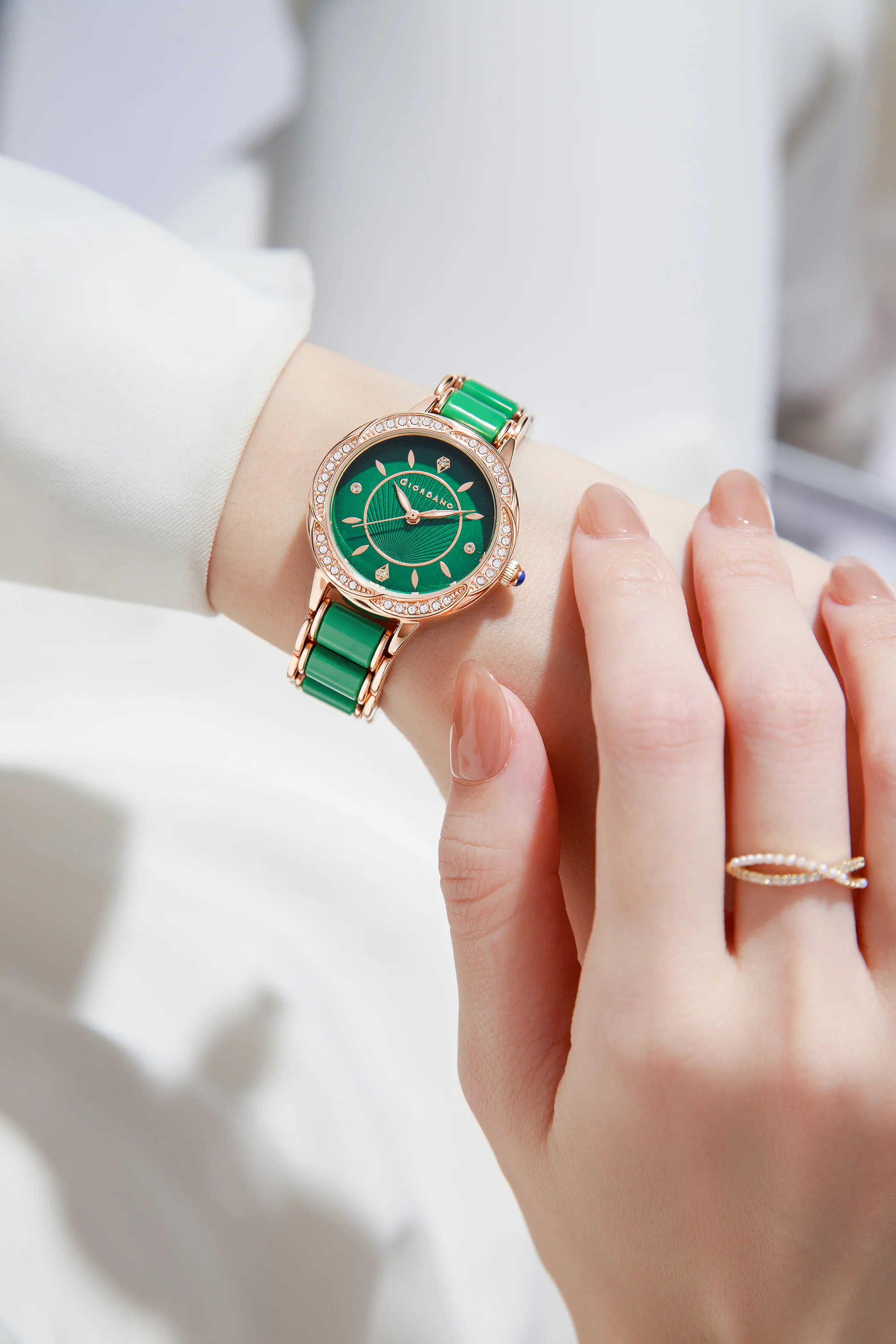 Giordano Flower Case Watch for Women with Crystal-Studded Bezel, Diamond Hour Markers & Dual Tone Stainless Strap - GZ-60095-55 - Image 2