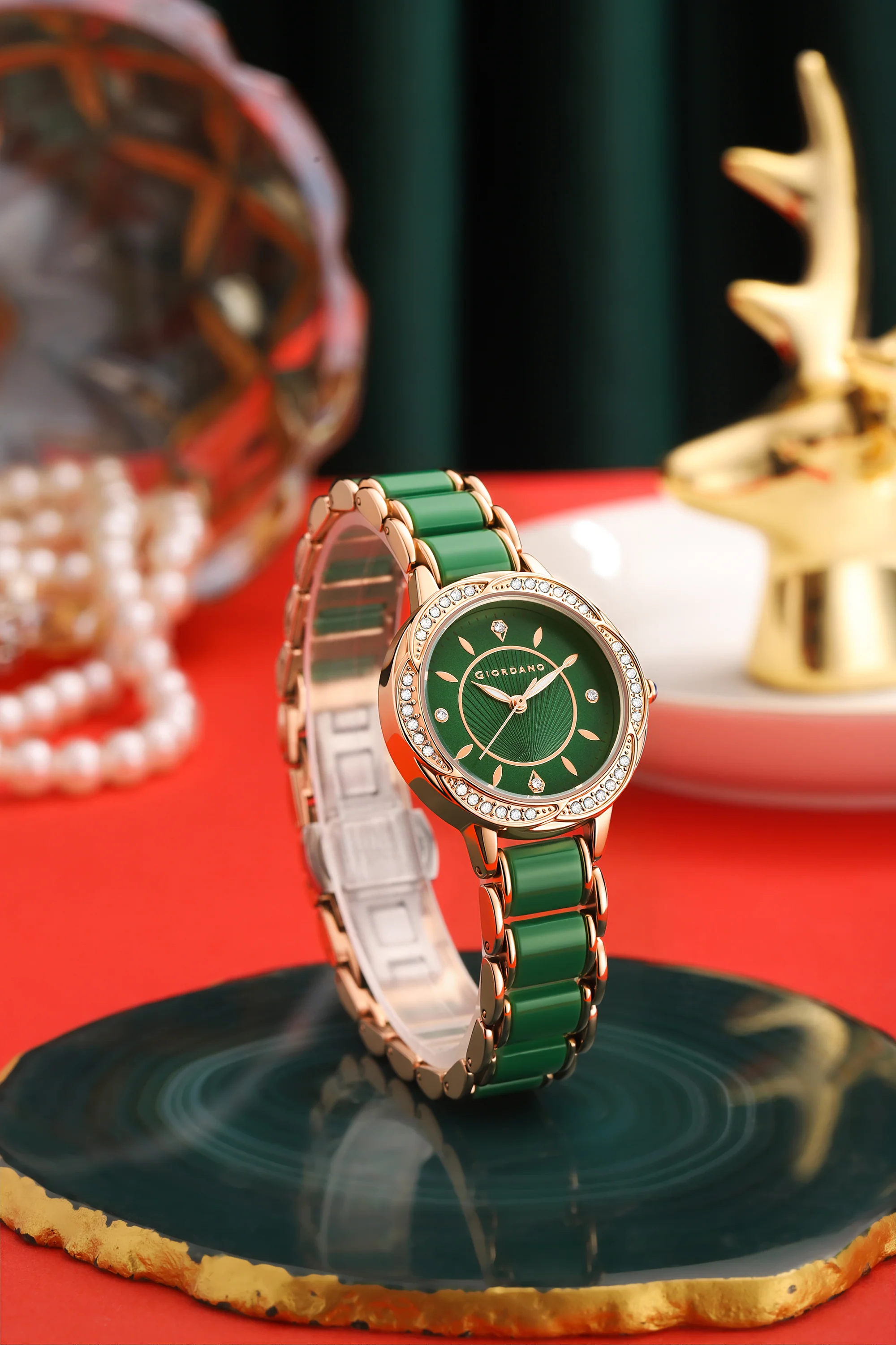 Giordano Flower Case Watch for Women with Crystal-Studded Bezel, Diamond Hour Markers & Dual Tone Stainless Strap - GZ-60095-55 - Image 3