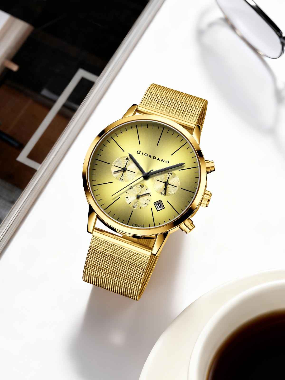 GIORDANO Formal Chronograph Watch for Men with Round Dial, Mesh Metal Strap, and Date Display - GZ-50183-33 - Image 4
