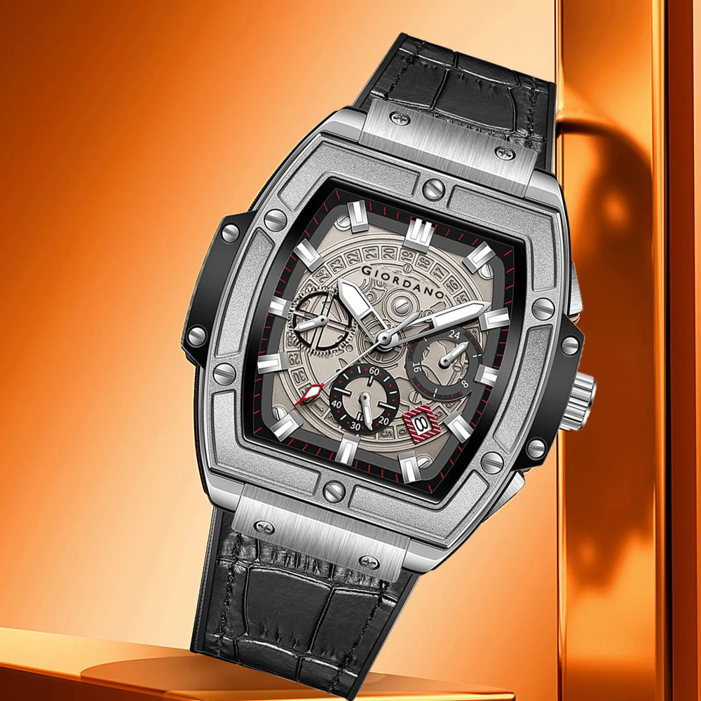 Giordano Terminator Grey Leather Multifunction Watch for men - with Day, Date, and 24-Hour Sub-Dials | Water Resistant Square Dial Unique Design Wrist Watch for Man | GZ-50098-07 - Image 3